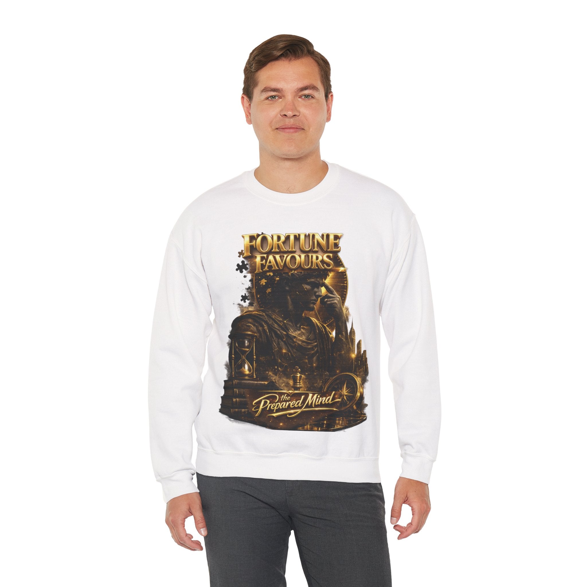 Crewneck Sweatshirt — "Fortune Favors the Prepared Mind" Motivational Design Printify
