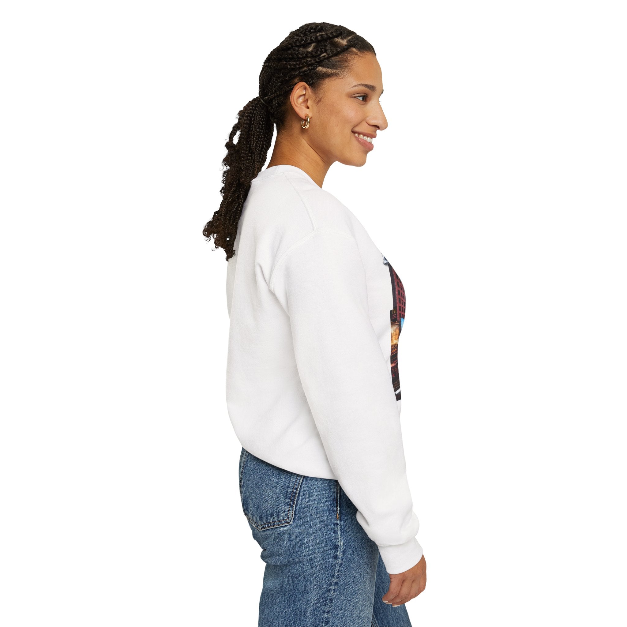 Crewneck Sweatshirt — Times Square Photo with Motivational Script “Nothing Out Here Helps You… That’s What Makes You Stronger” Printify