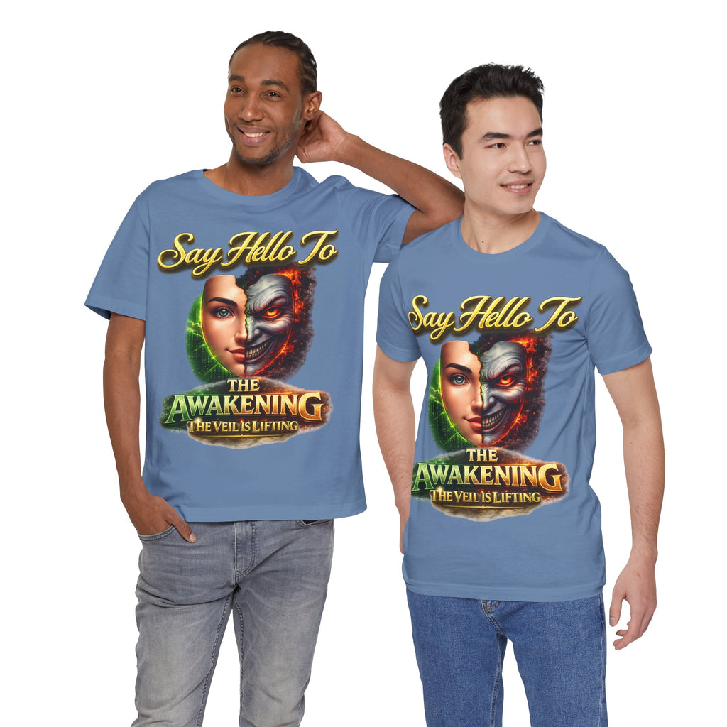 Horror Mask Split Face Tee — "Say Hello To Your Family and Friends" Graphic T-Shirt Printify