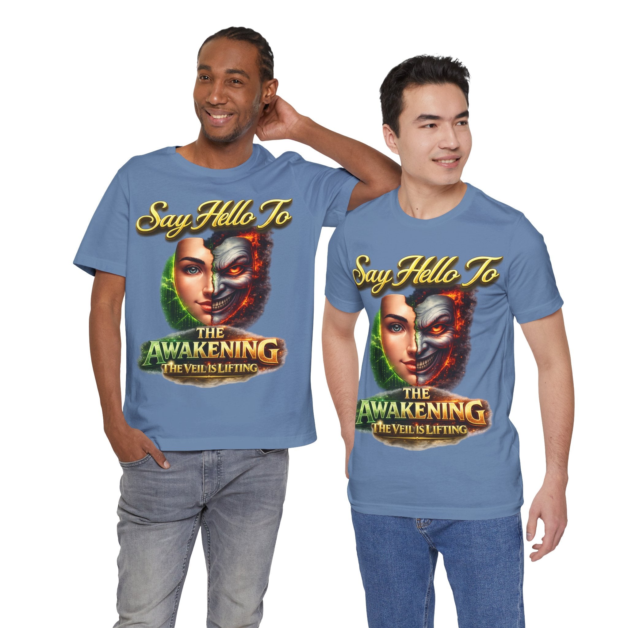 Horror Mask Split Face Tee — "Say Hello To Your Family and Friends" Graphic T-Shirt Printify