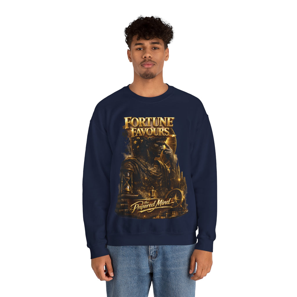 Crewneck Sweatshirt — "Fortune Favors the Prepared Mind" Motivational Design Printify