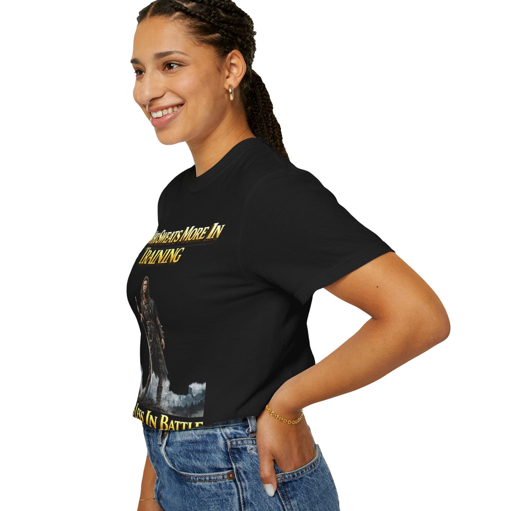 Training Warrior T-Shirt — "He Who Sweats More in Training Bleeds Less in Battle" Printify