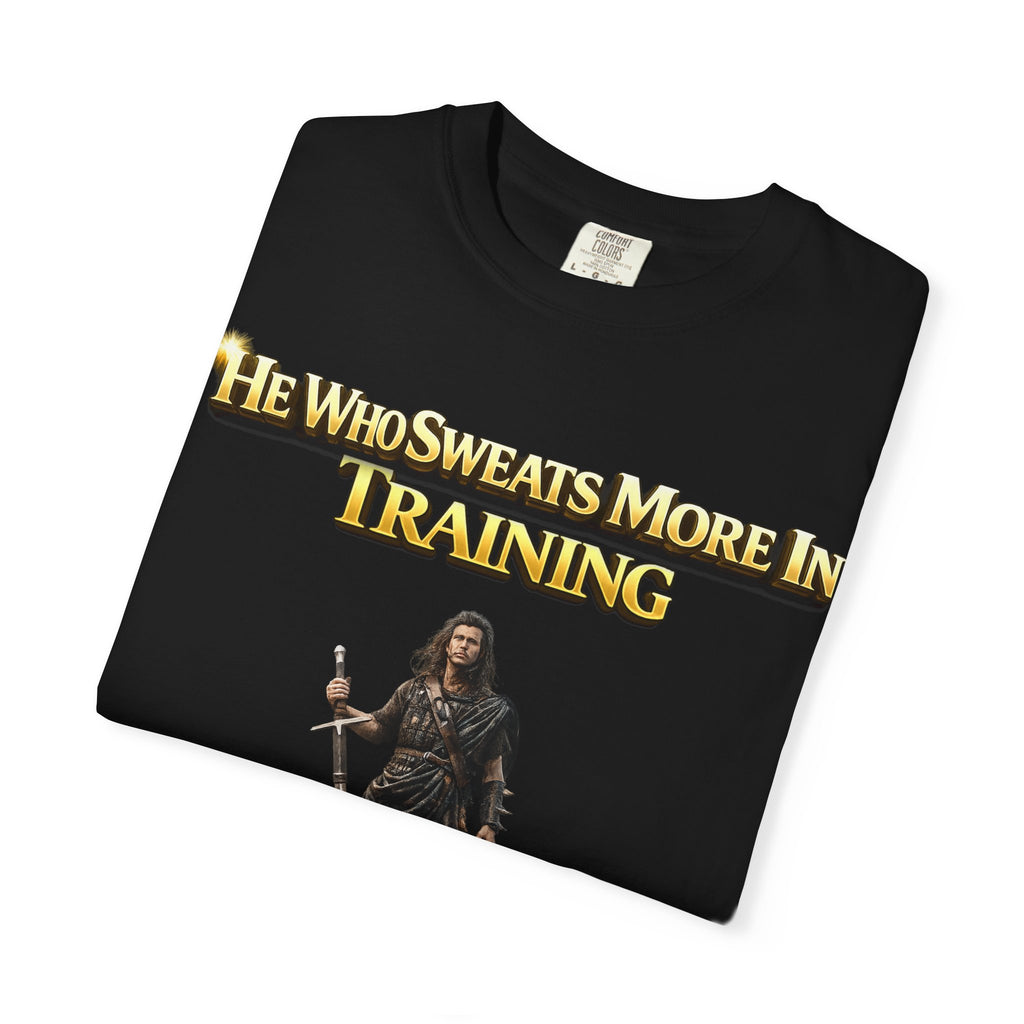 Training Warrior T-Shirt — "He Who Sweats More in Training Bleeds Less in Battle" Printify