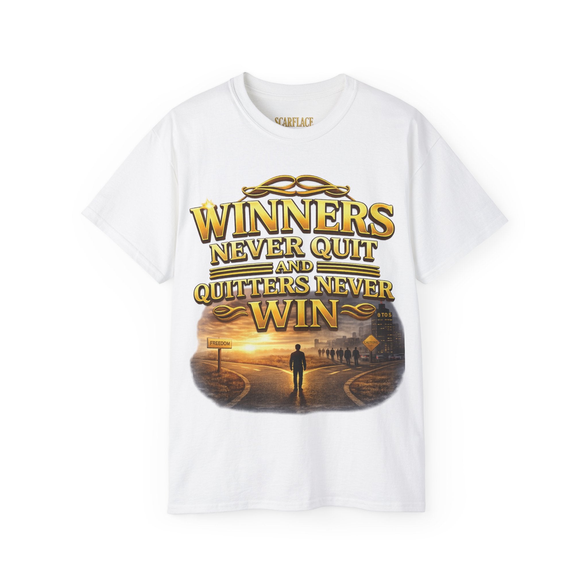 Winners Never Quit Inspirational Tee — Motivational Quote Shirt Printify