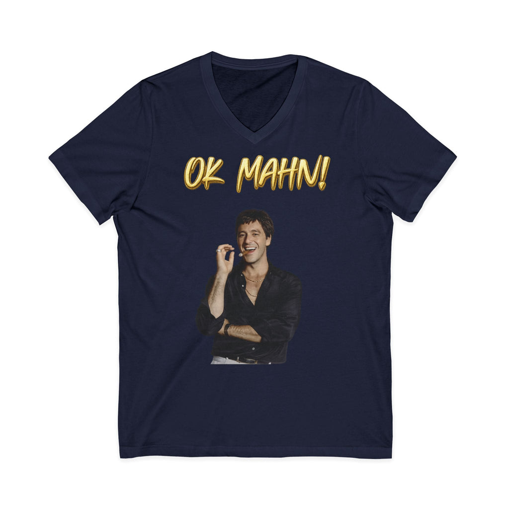 OK Mahn! V-Neck Tee — Vintage Laugh Meme T-Shirt Scarflace Studios Printify