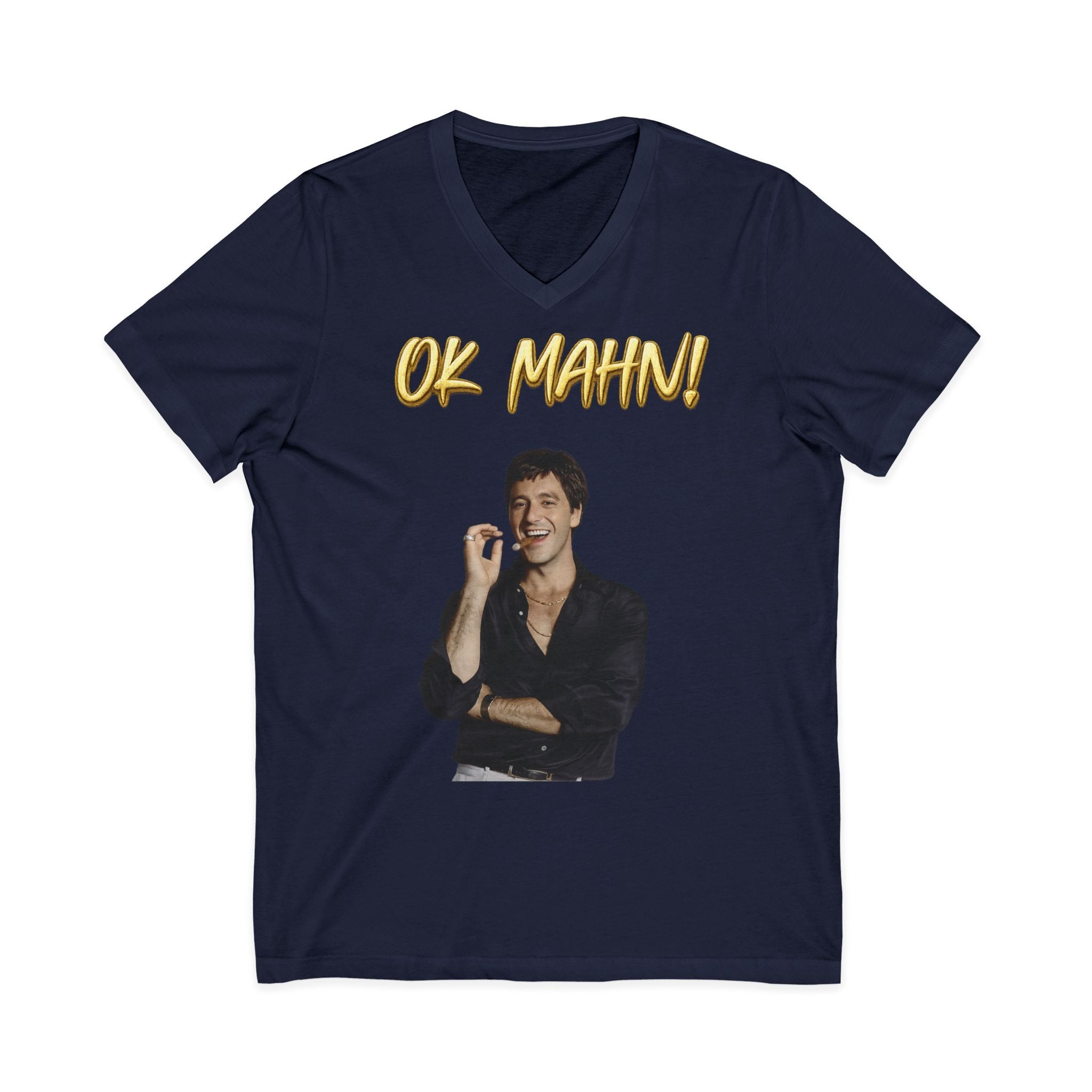 OK Mahn! V-Neck Tee — Vintage Laugh Meme T-Shirt Scarflace Studios Printify