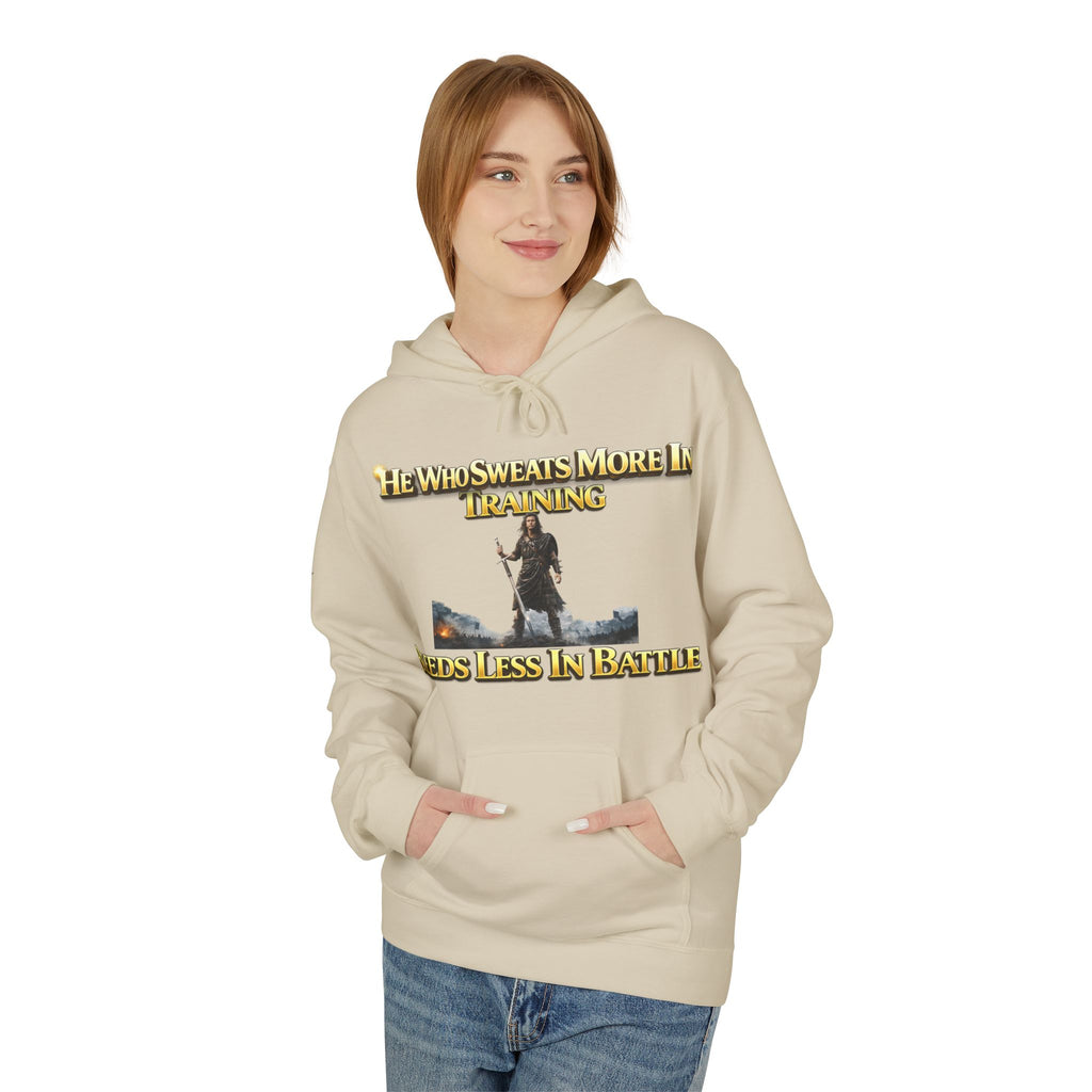 Warrior Training Hoodie — "He Who Sweats More in Training Bleeds Less in Battle" Printify