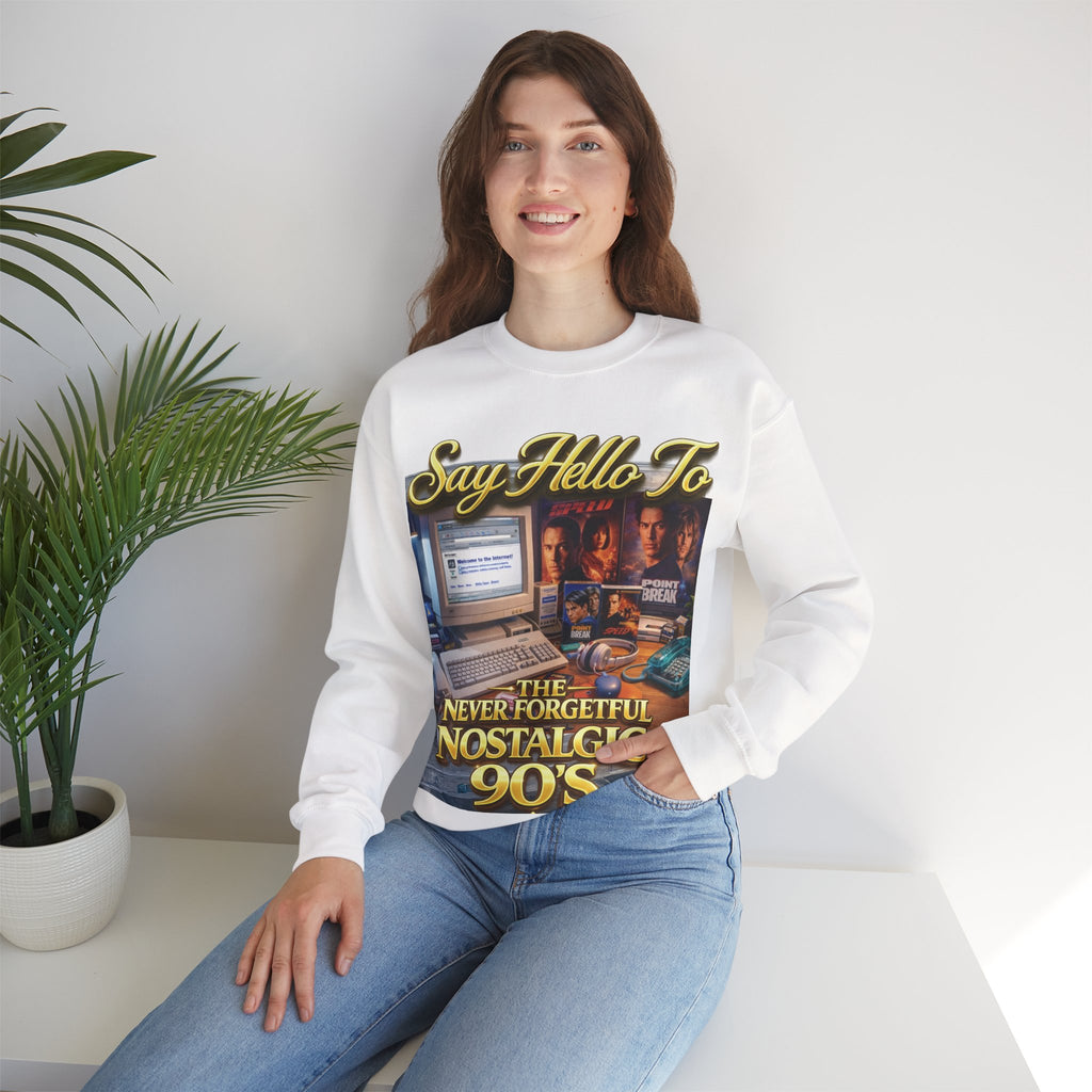 90s Nostalgia Crewneck Sweatshirt – "Say Hello To The Never Forgetful Nostalgic 90's" Printify