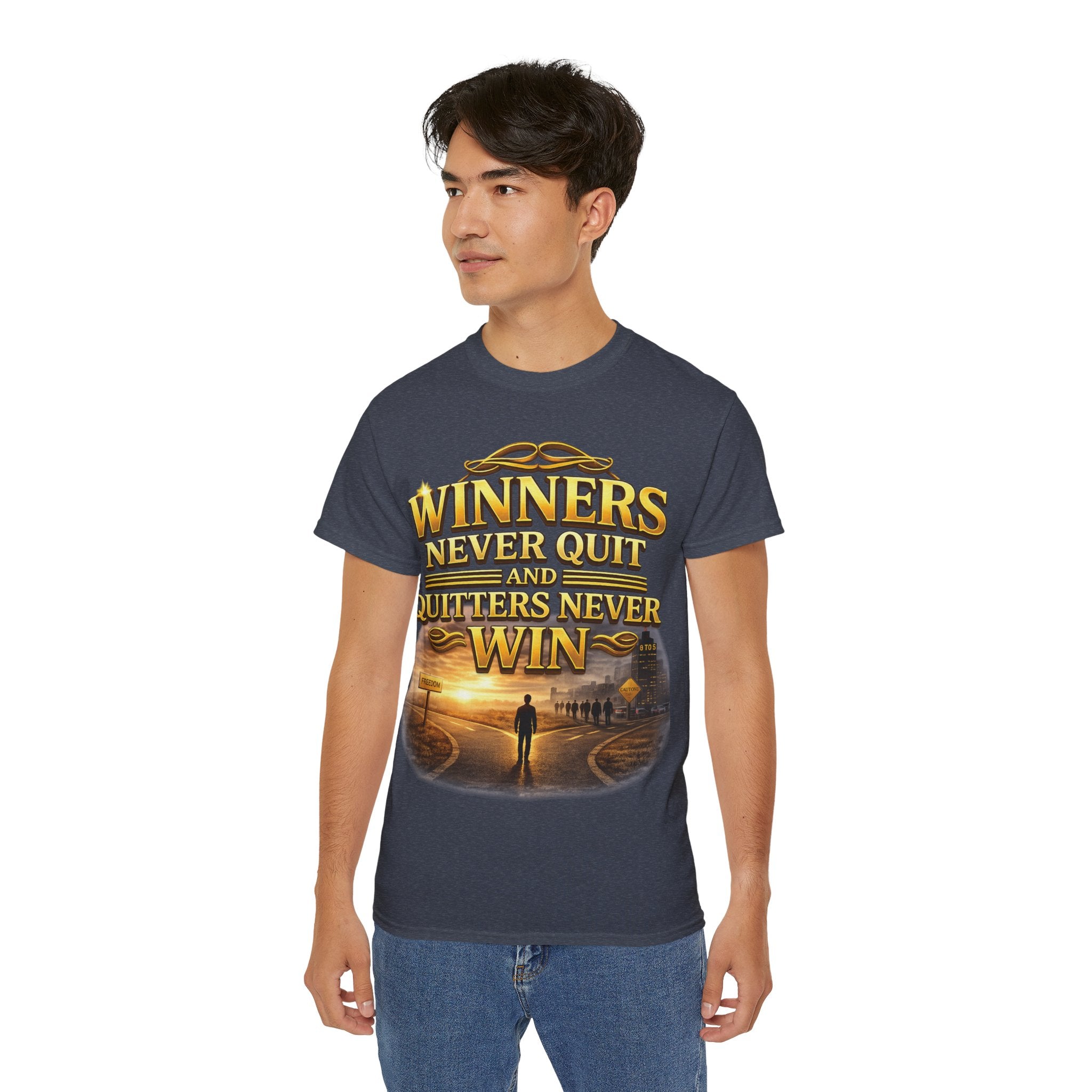 Winners Never Quit Inspirational Tee — Motivational Quote Shirt Printify