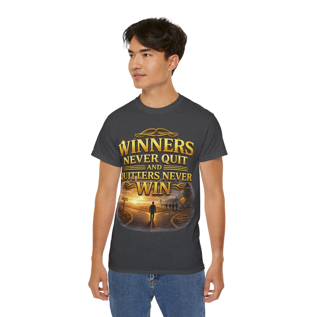 Winners Never Quit Inspirational Tee — Motivational Quote Shirt Printify