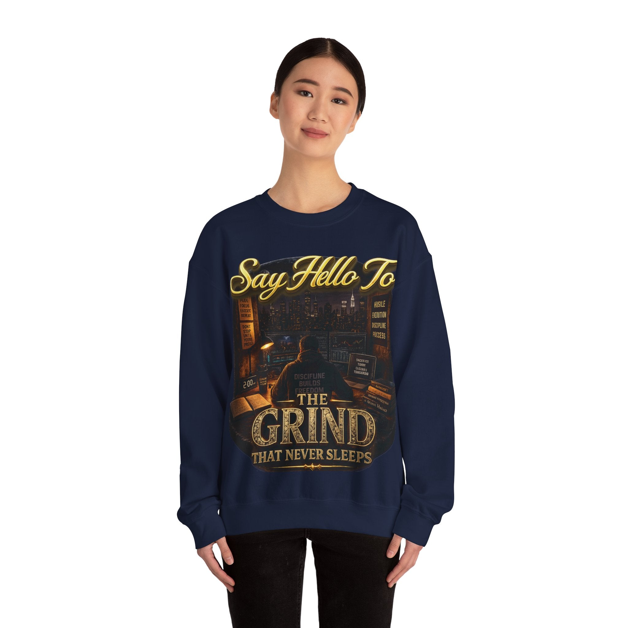 The Grind That Never Sleeps Crewneck Sweatshirt — Motivational Hustle Sweatshirt Printify