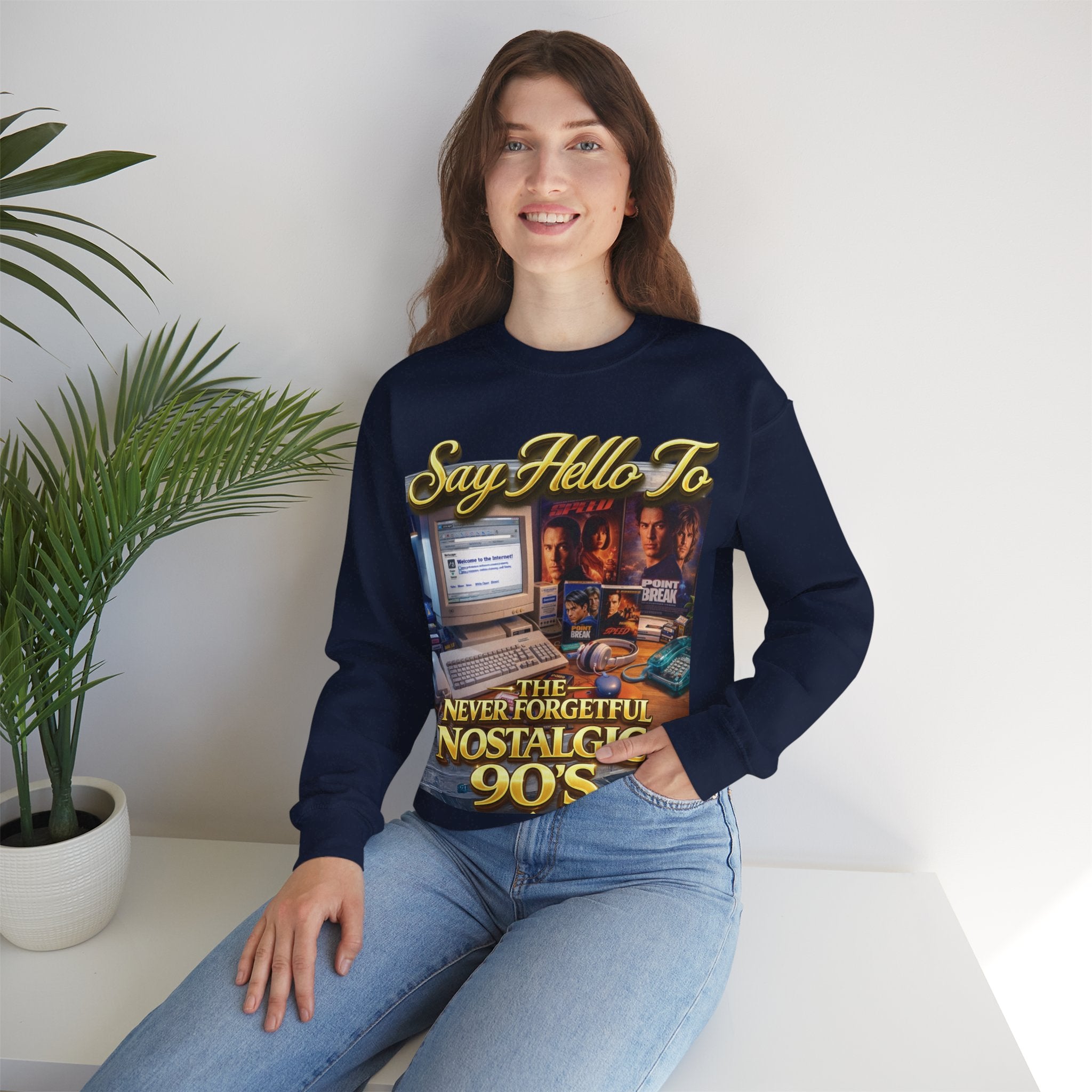 90s Nostalgia Crewneck Sweatshirt – "Say Hello To The Never Forgetful Nostalgic 90's" Printify
