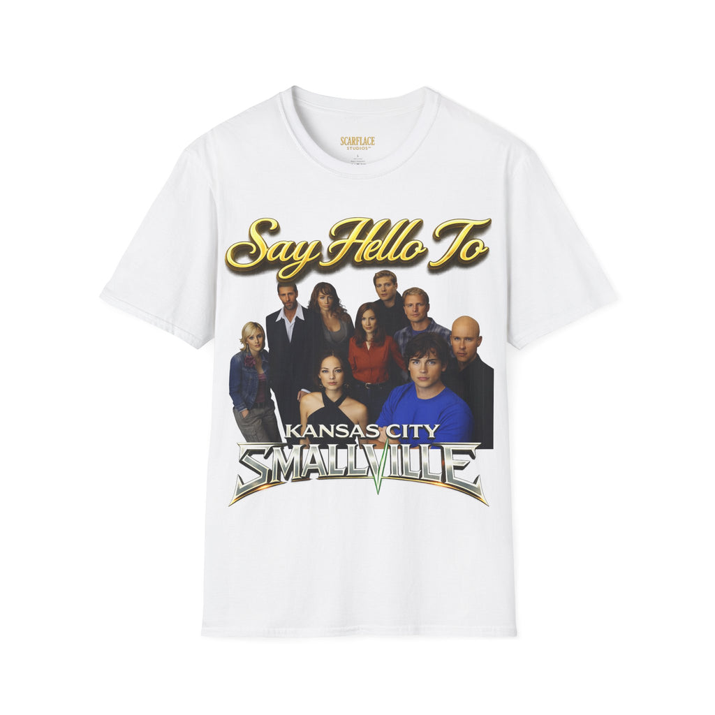 Smallville Cast T-Shirt – "Say Hello To" Kansas City Retro TV Logo Printify