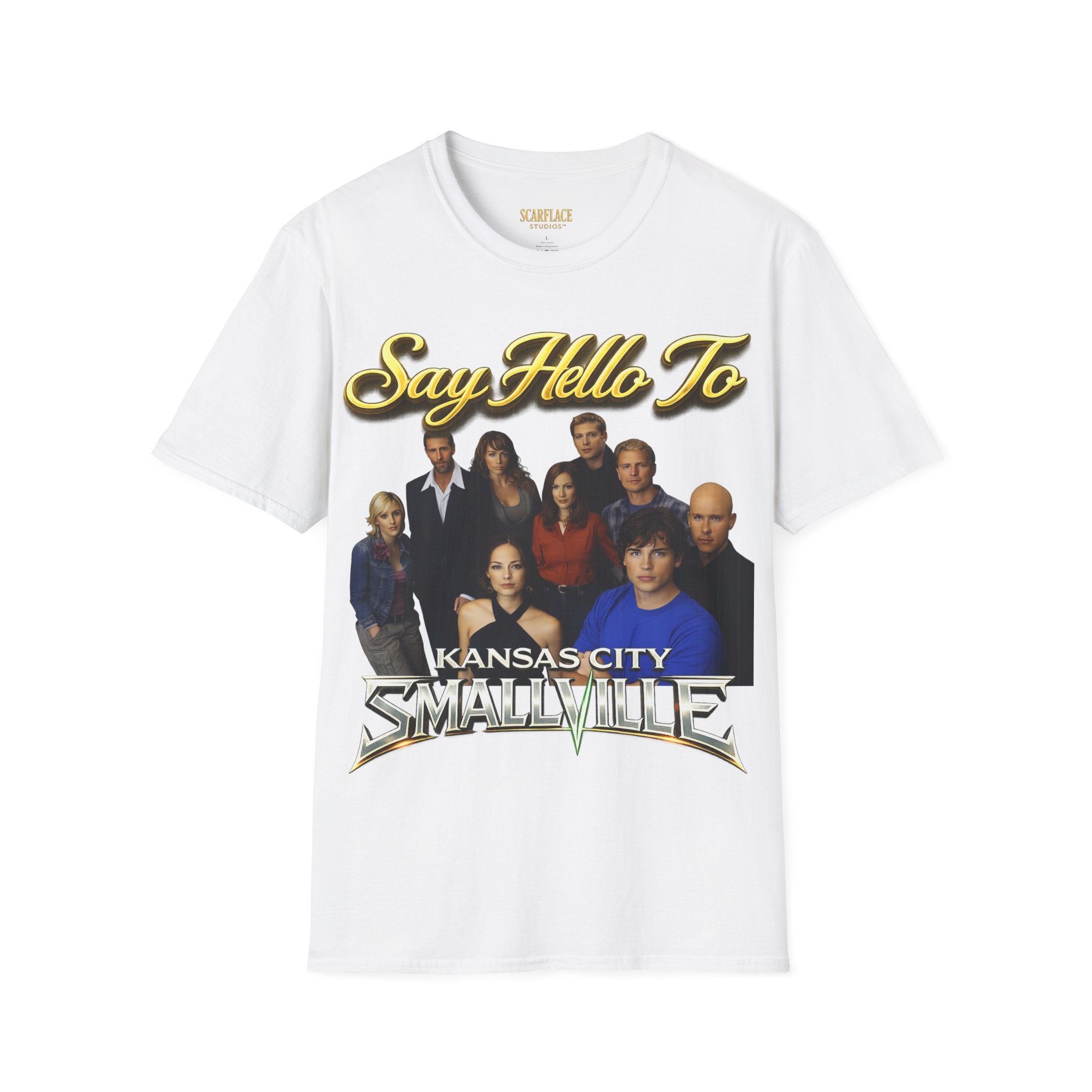 Smallville Cast T-Shirt – "Say Hello To" Kansas City Retro TV Logo Printify