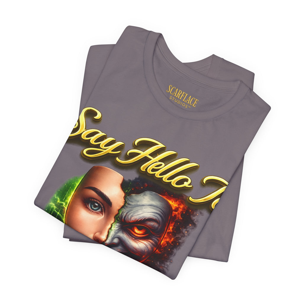 Horror Mask Split Face Tee — "Say Hello To Your Family and Friends" Graphic T-Shirt Printify