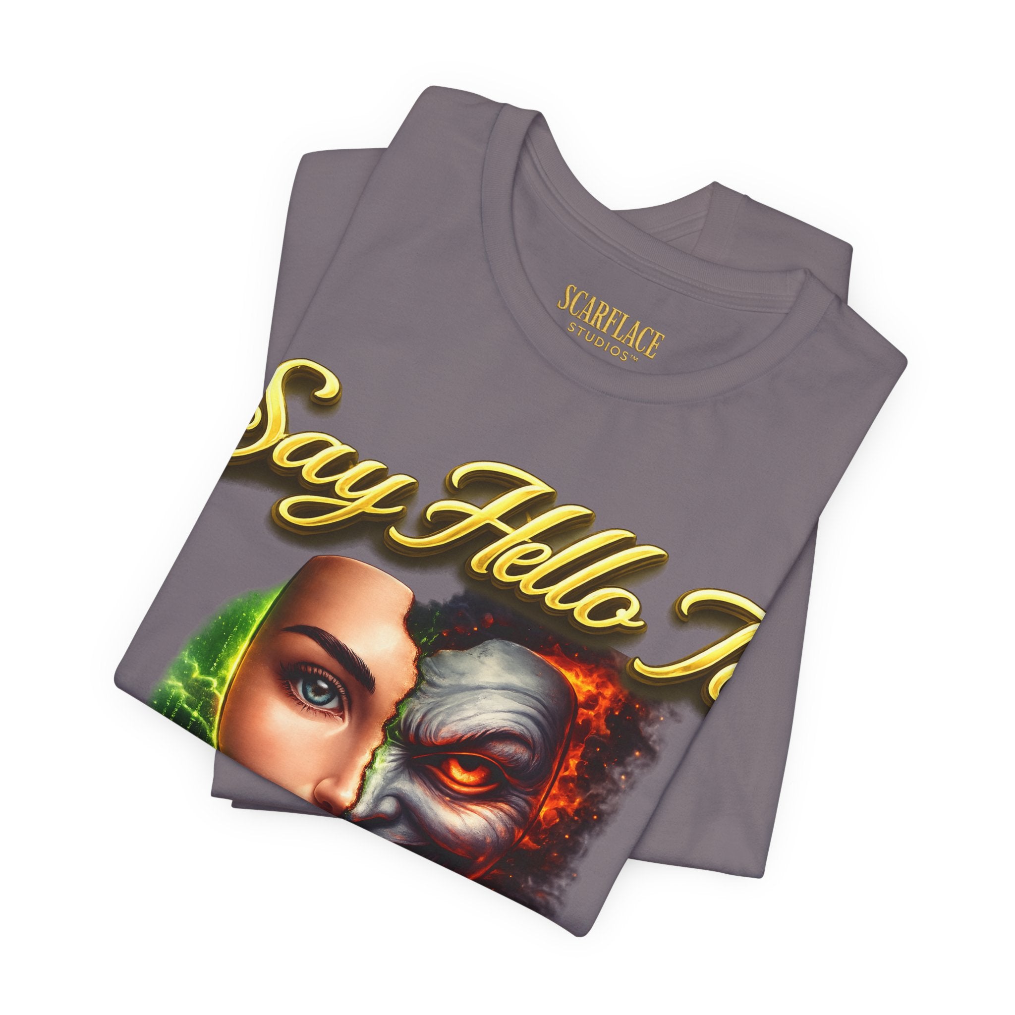 Horror Mask Split Face Tee — "Say Hello To Your Family and Friends" Graphic T-Shirt Printify