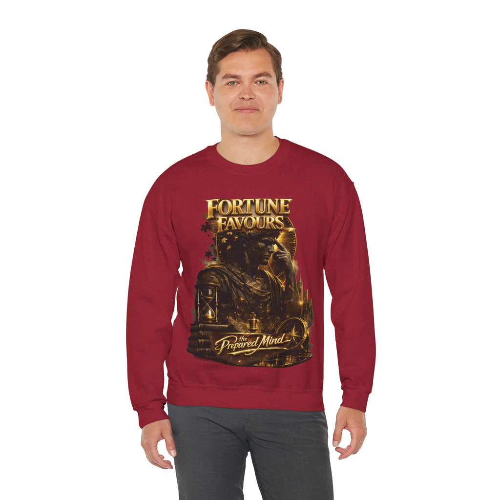 Crewneck Sweatshirt — "Fortune Favors the Prepared Mind" Motivational Design Printify