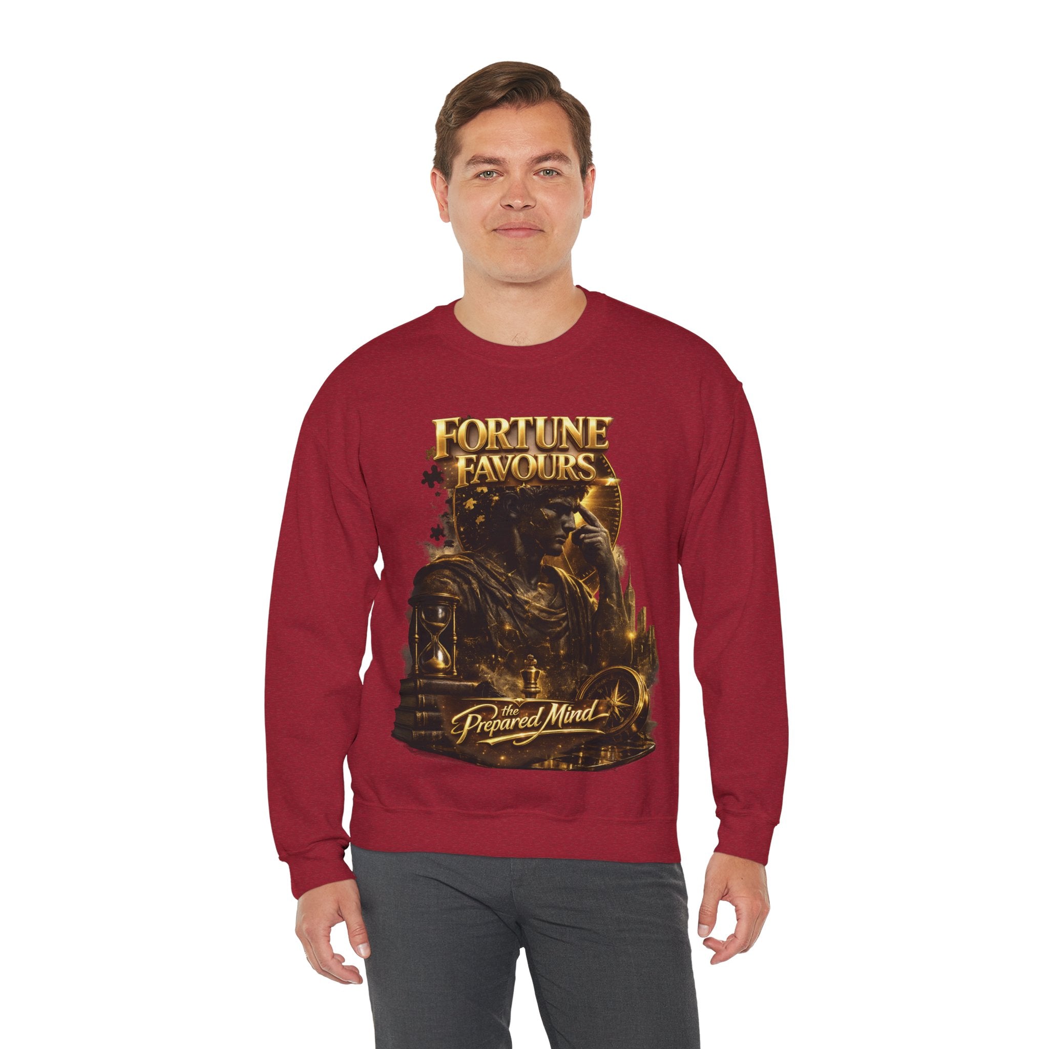 Crewneck Sweatshirt — "Fortune Favors the Prepared Mind" Motivational Design Printify