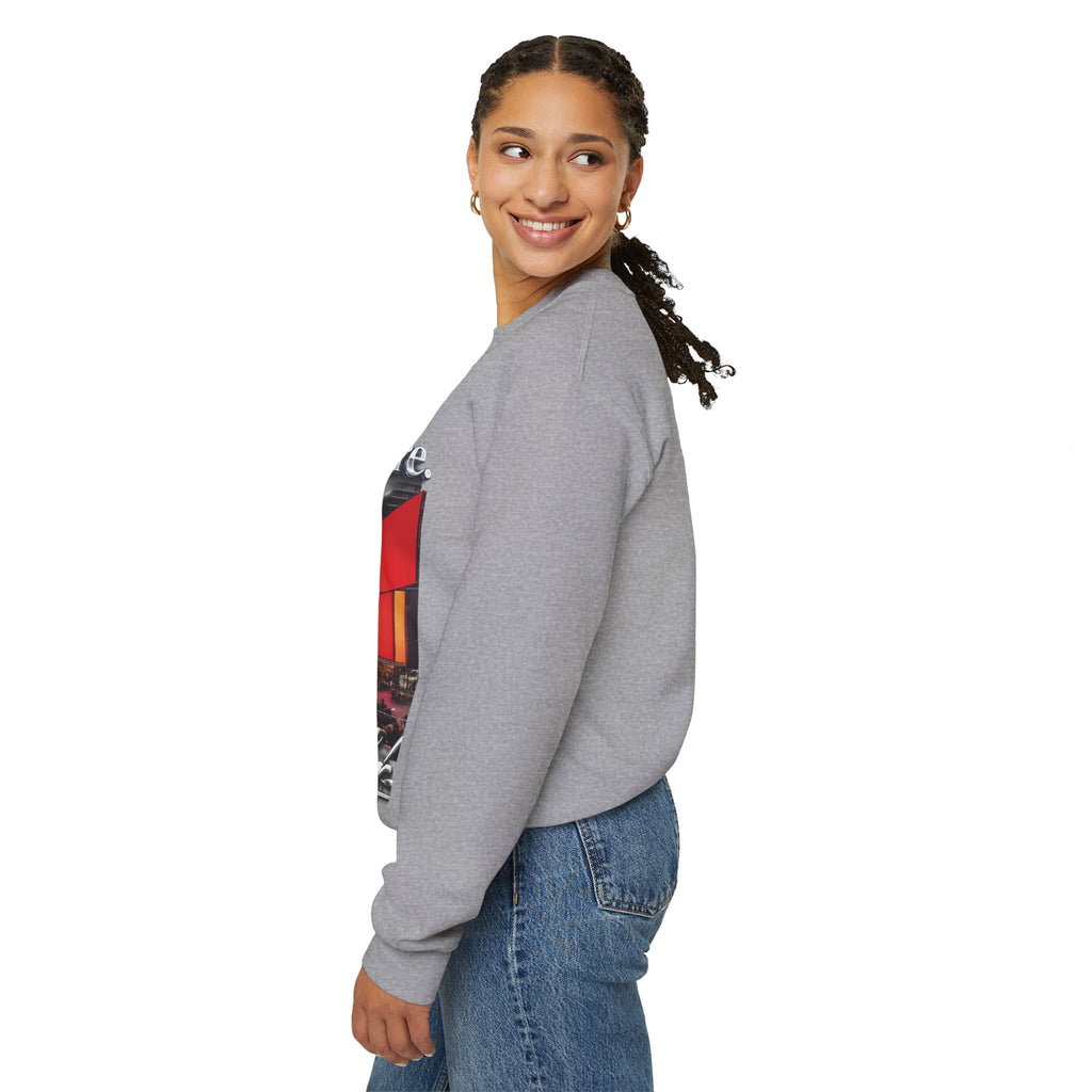 Crewneck Sweatshirt — Times Square Photo with Motivational Script “Nothing Out Here Helps You… That’s What Makes You Stronger” Printify