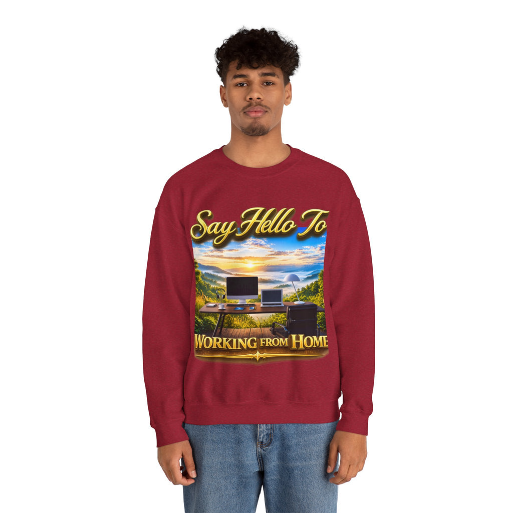 Working From Home Sweatshirt – "Say Hello To" Scenic Home Office Crewneck Printify