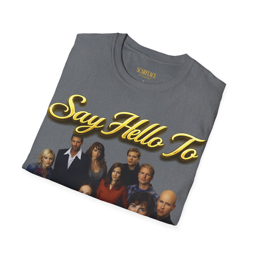 Smallville Cast T-Shirt – "Say Hello To" Kansas City Retro TV Logo Printify