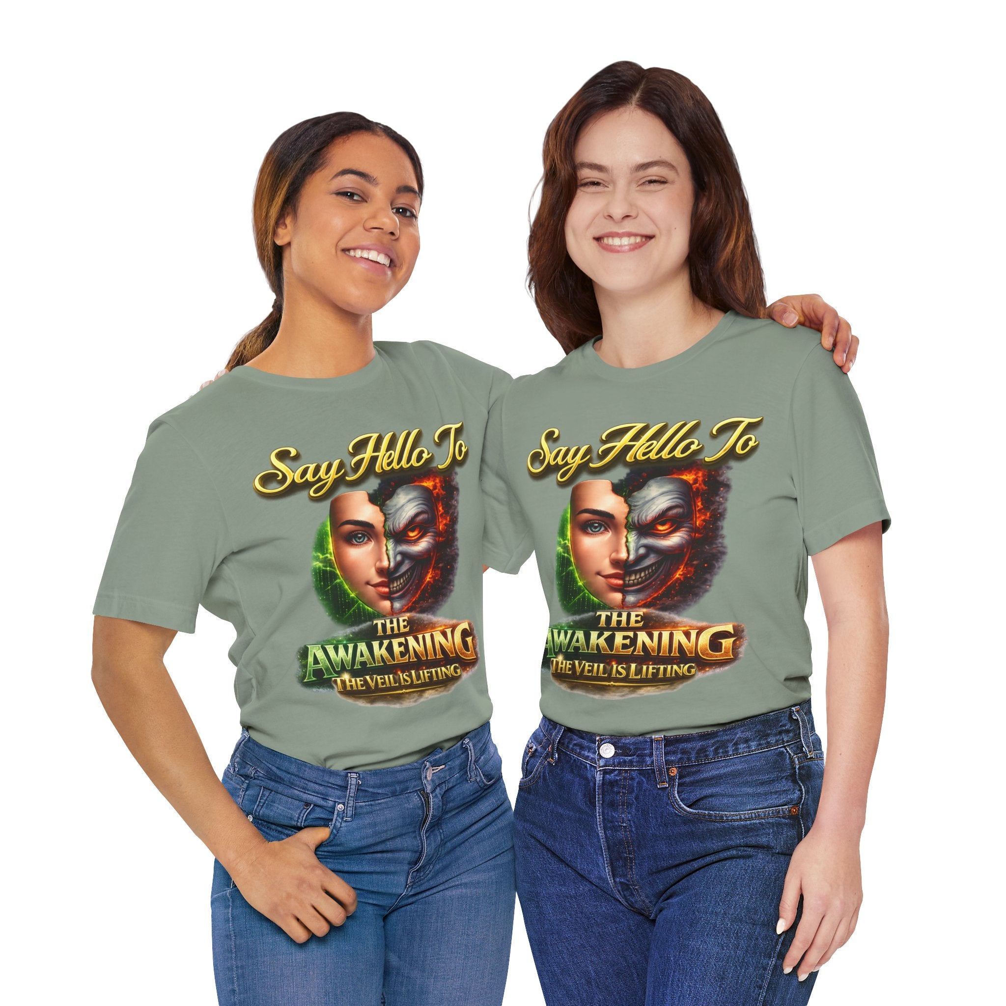 Horror Mask Split Face Tee — "Say Hello To Your Family and Friends" Graphic T-Shirt Printify