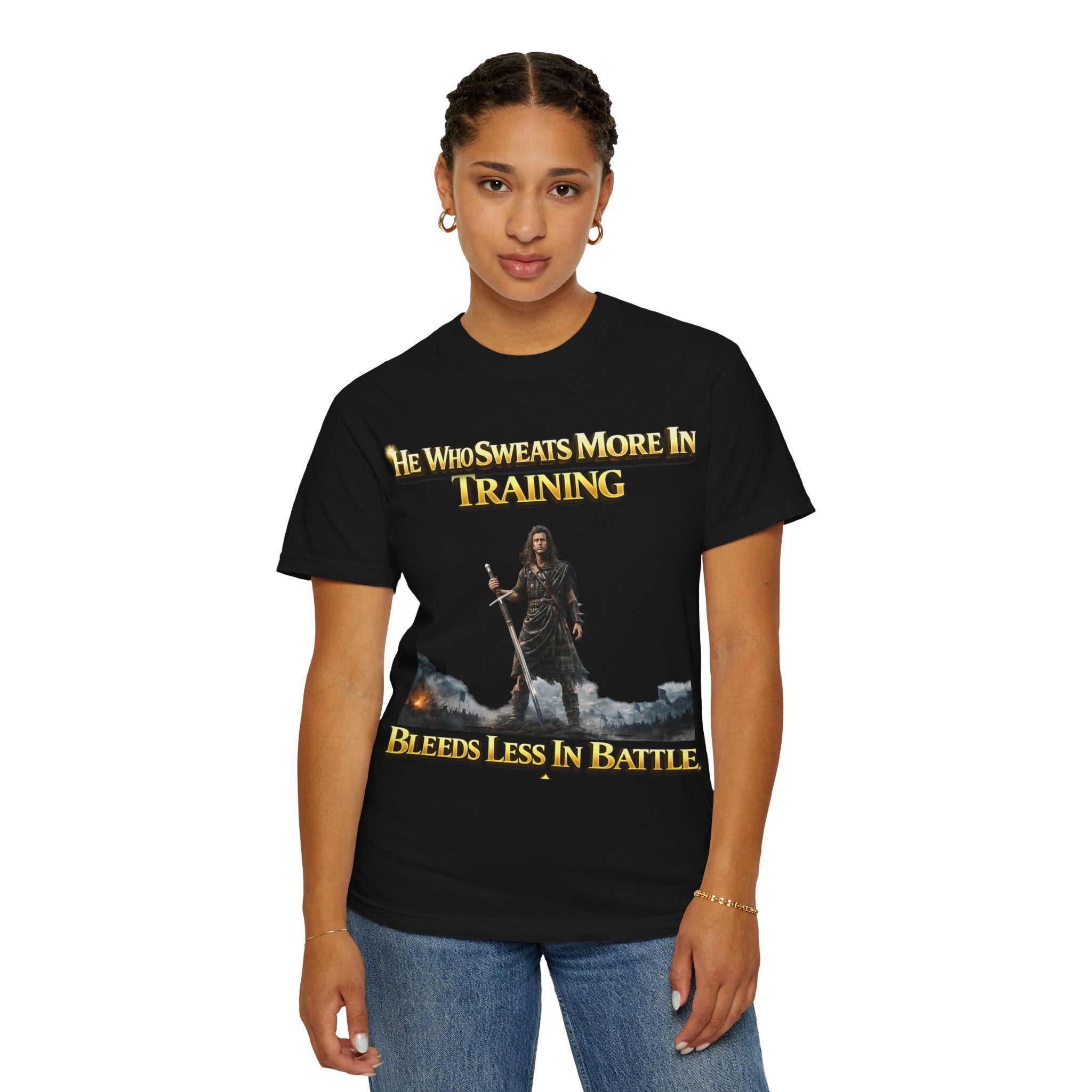 Training Warrior T-Shirt — "He Who Sweats More in Training Bleeds Less in Battle" Printify