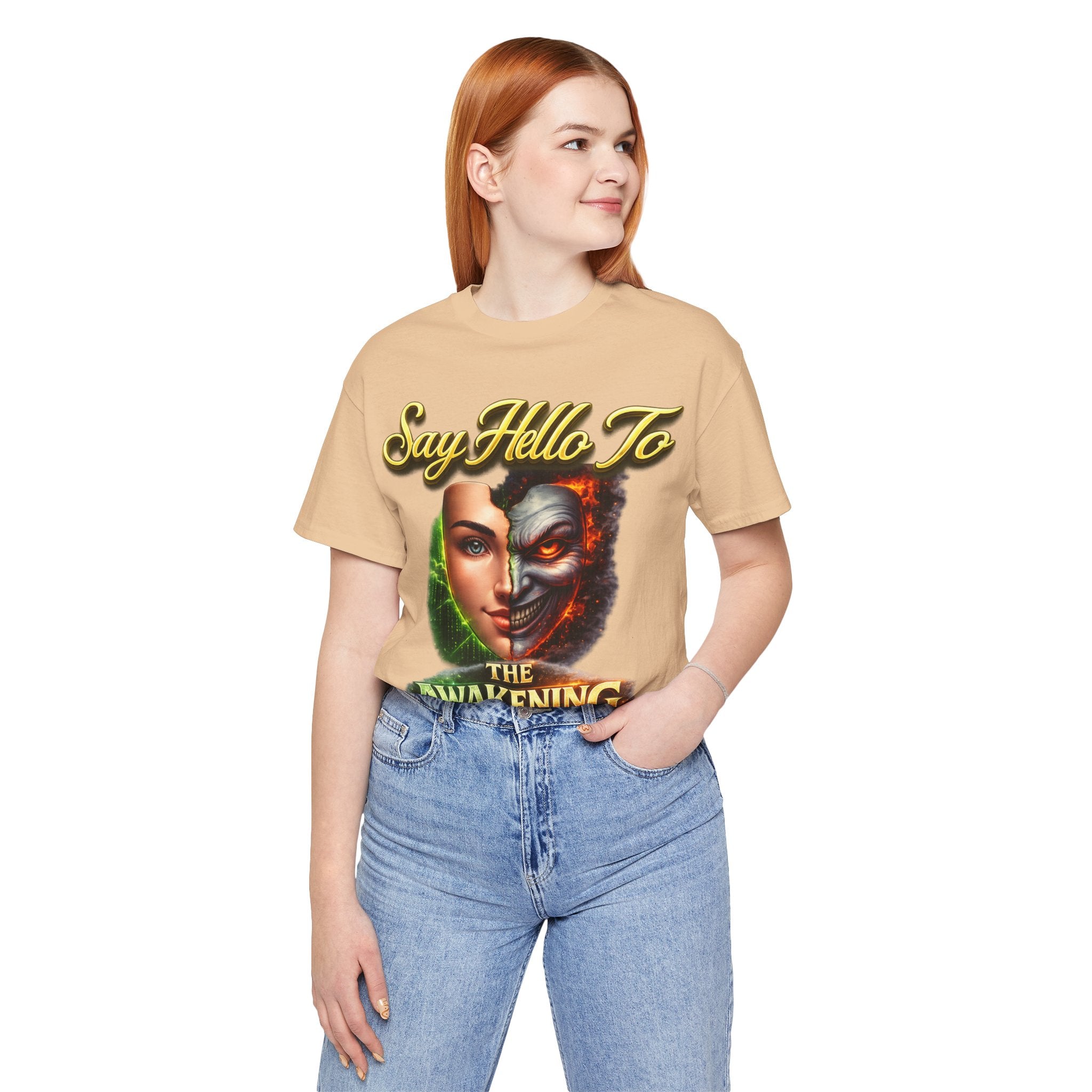 Horror Mask Split Face Tee — "Say Hello To Your Family and Friends" Graphic T-Shirt Printify