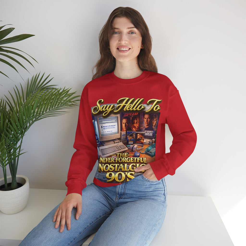 90s Nostalgia Crewneck Sweatshirt – "Say Hello To The Never Forgetful Nostalgic 90's" Printify