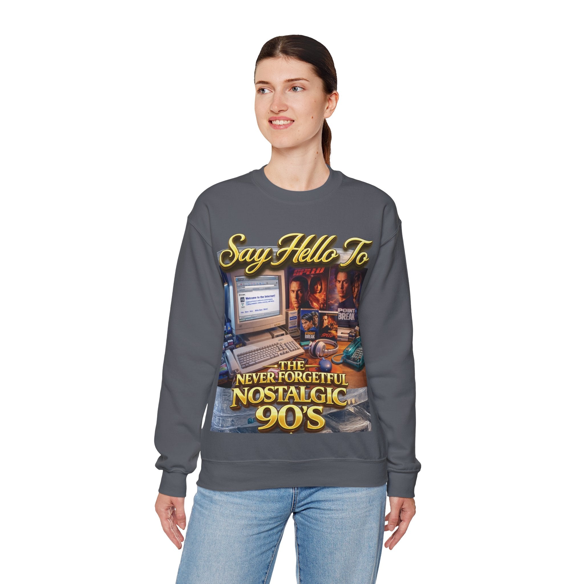 90s Nostalgia Crewneck Sweatshirt – "Say Hello To The Never Forgetful Nostalgic 90's" Printify