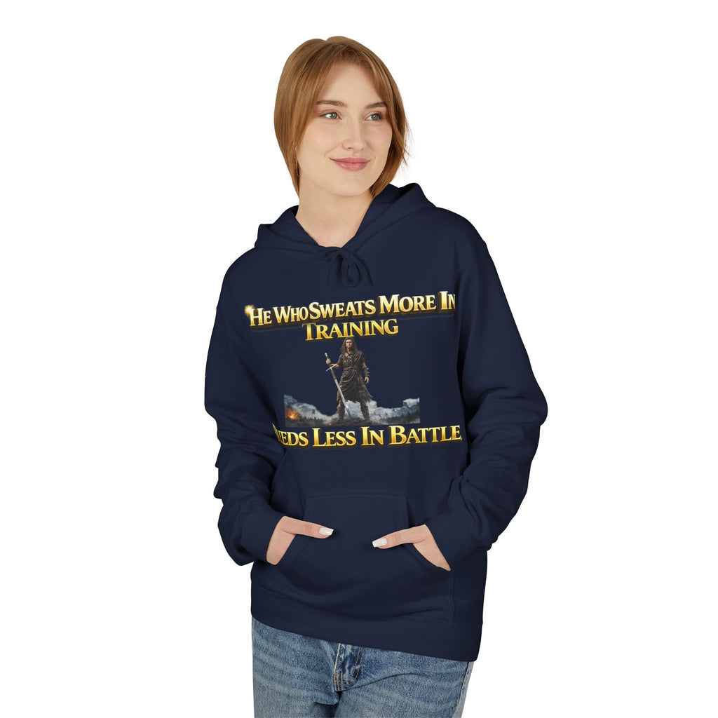 Warrior Training Hoodie — "He Who Sweats More in Training Bleeds Less in Battle" Printify