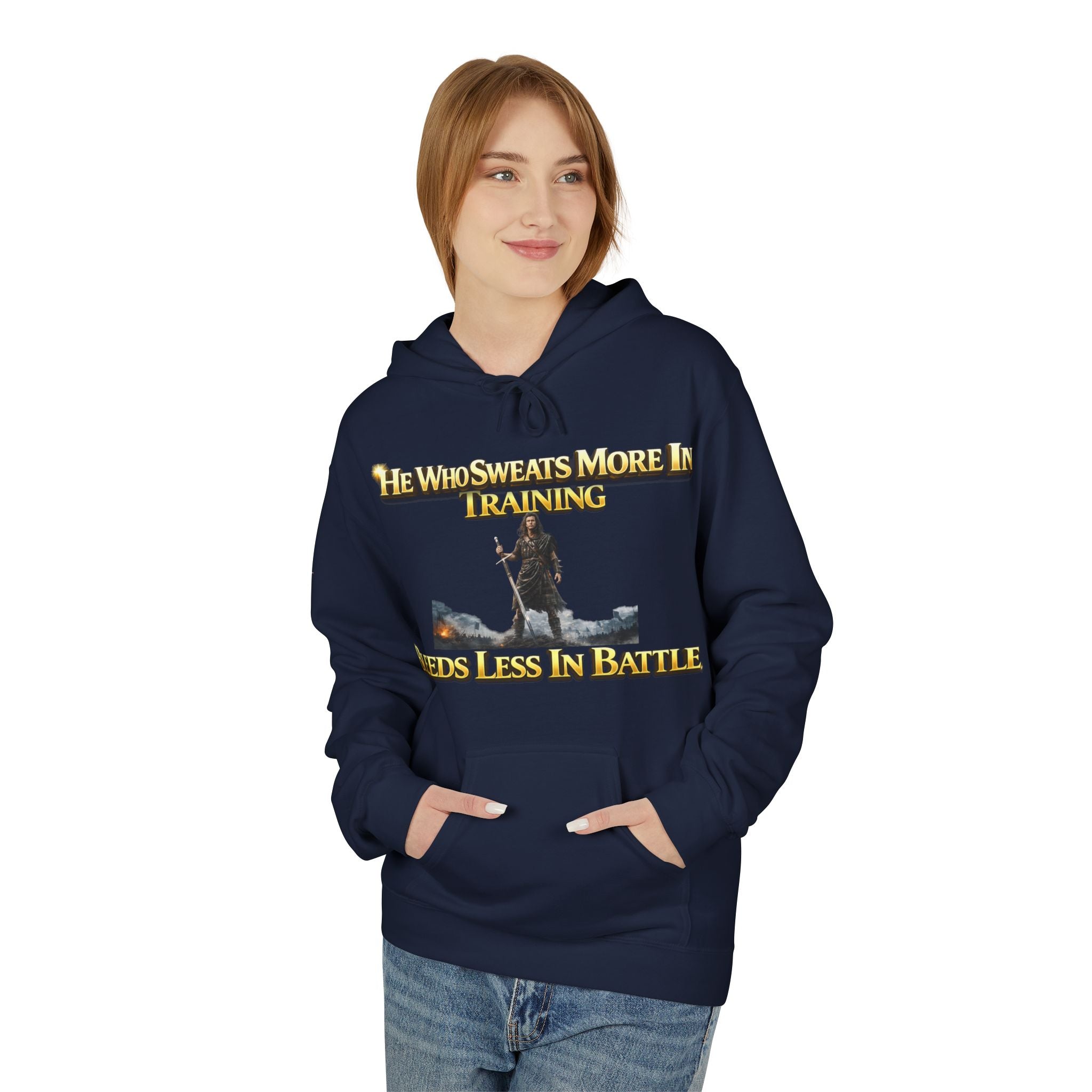 Warrior Training Hoodie — "He Who Sweats More in Training Bleeds Less in Battle" Printify