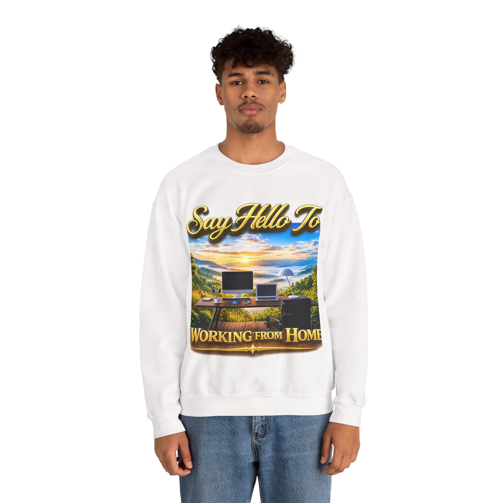 Working From Home Sweatshirt – "Say Hello To" Scenic Home Office Crewneck Printify