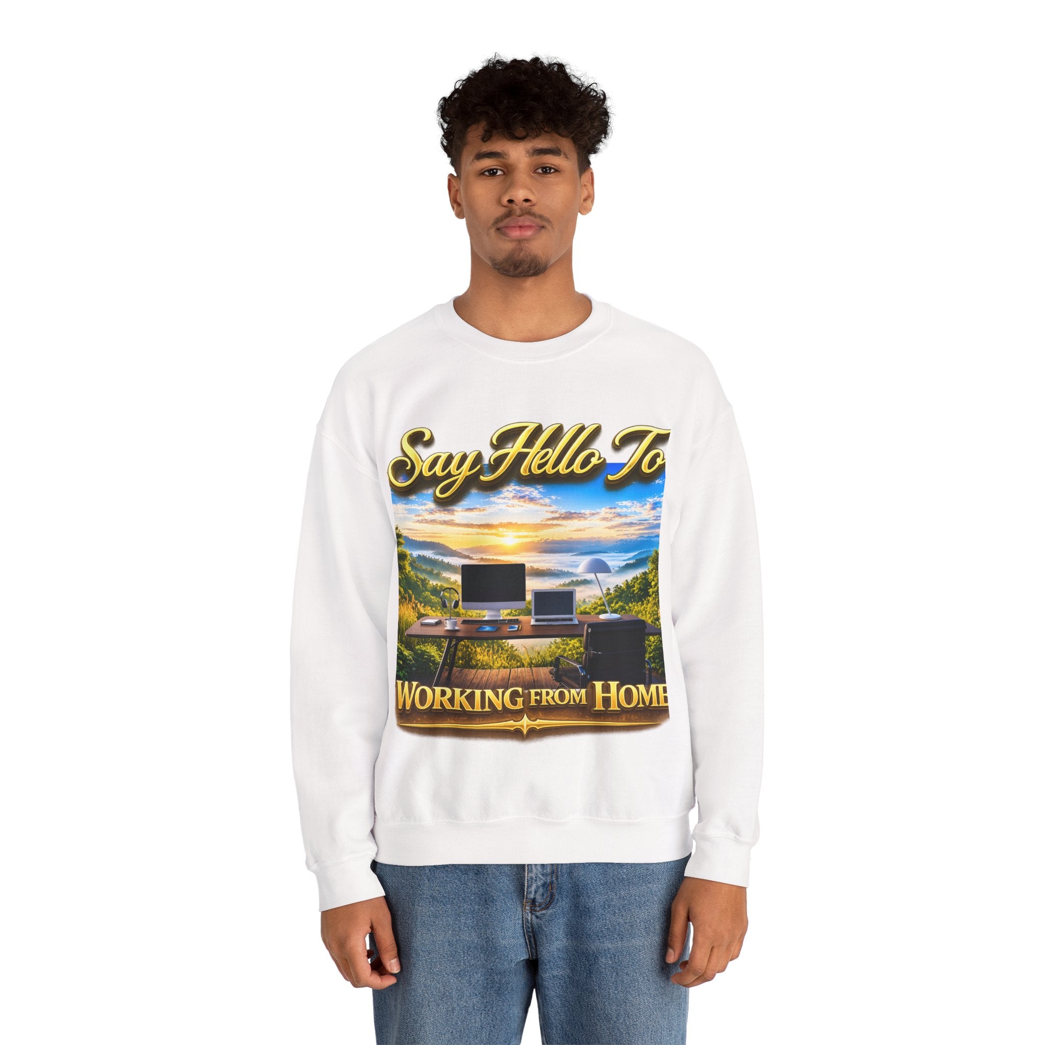 Working From Home Sweatshirt – "Say Hello To" Scenic Home Office Crewneck Printify