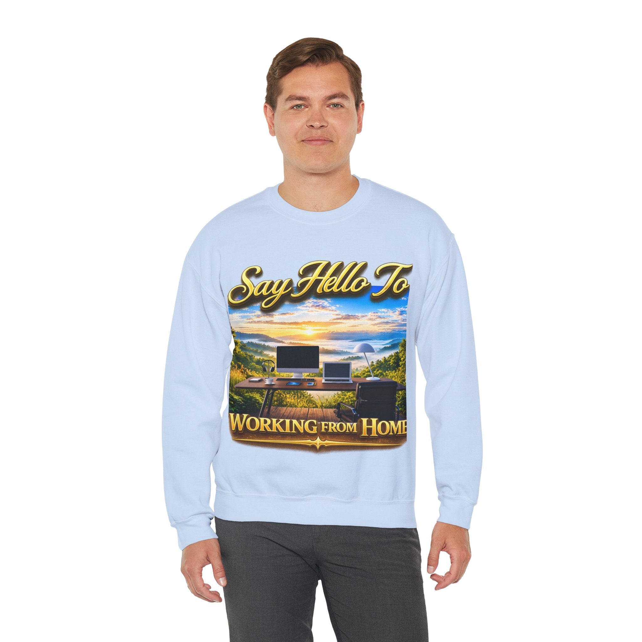 Working From Home Sweatshirt – "Say Hello To" Scenic Home Office Crewneck Printify