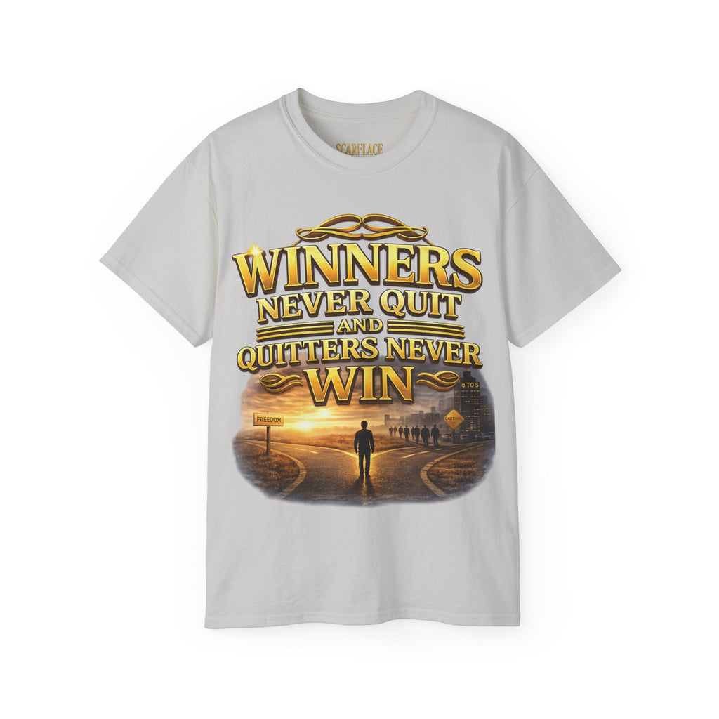 Winners Never Quit Inspirational Tee — Motivational Quote Shirt Printify