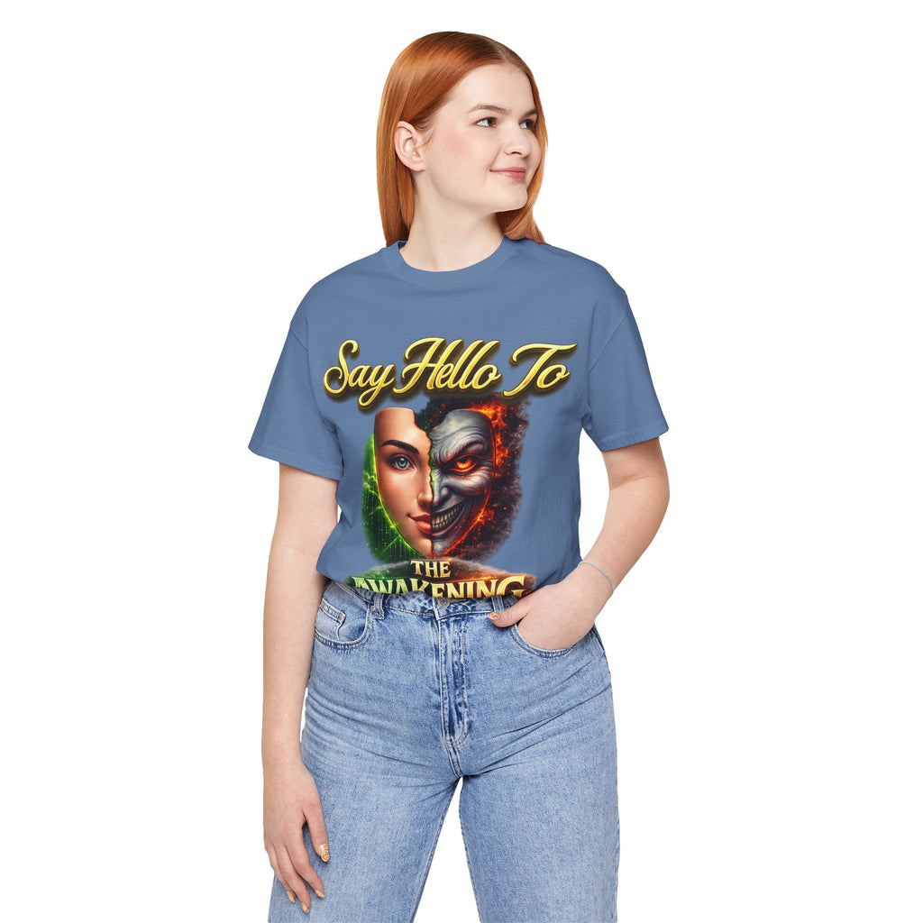 Horror Mask Split Face Tee — "Say Hello To Your Family and Friends" Graphic T-Shirt Printify
