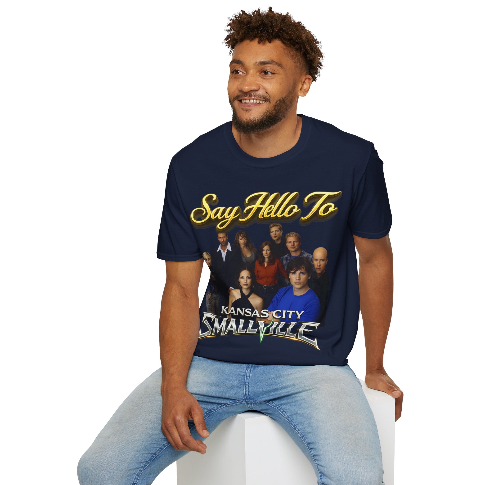 Smallville Cast T-Shirt – "Say Hello To" Kansas City Retro TV Logo Printify