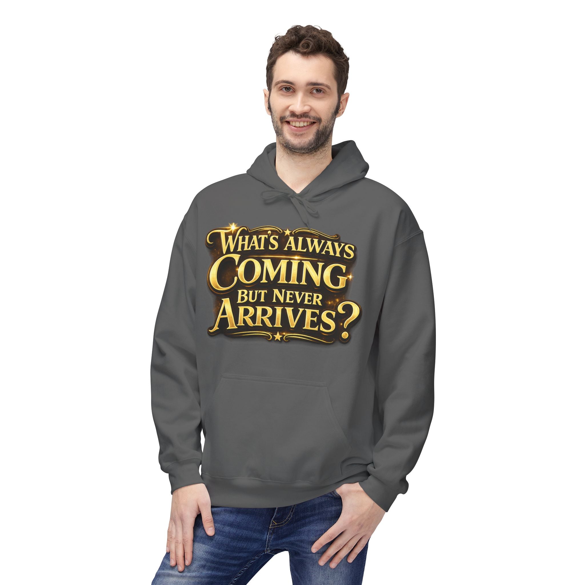 Tomorrow Hoodie — "What's Always Coming But Never Arrives?" Vintage Quote Hoodie Printify