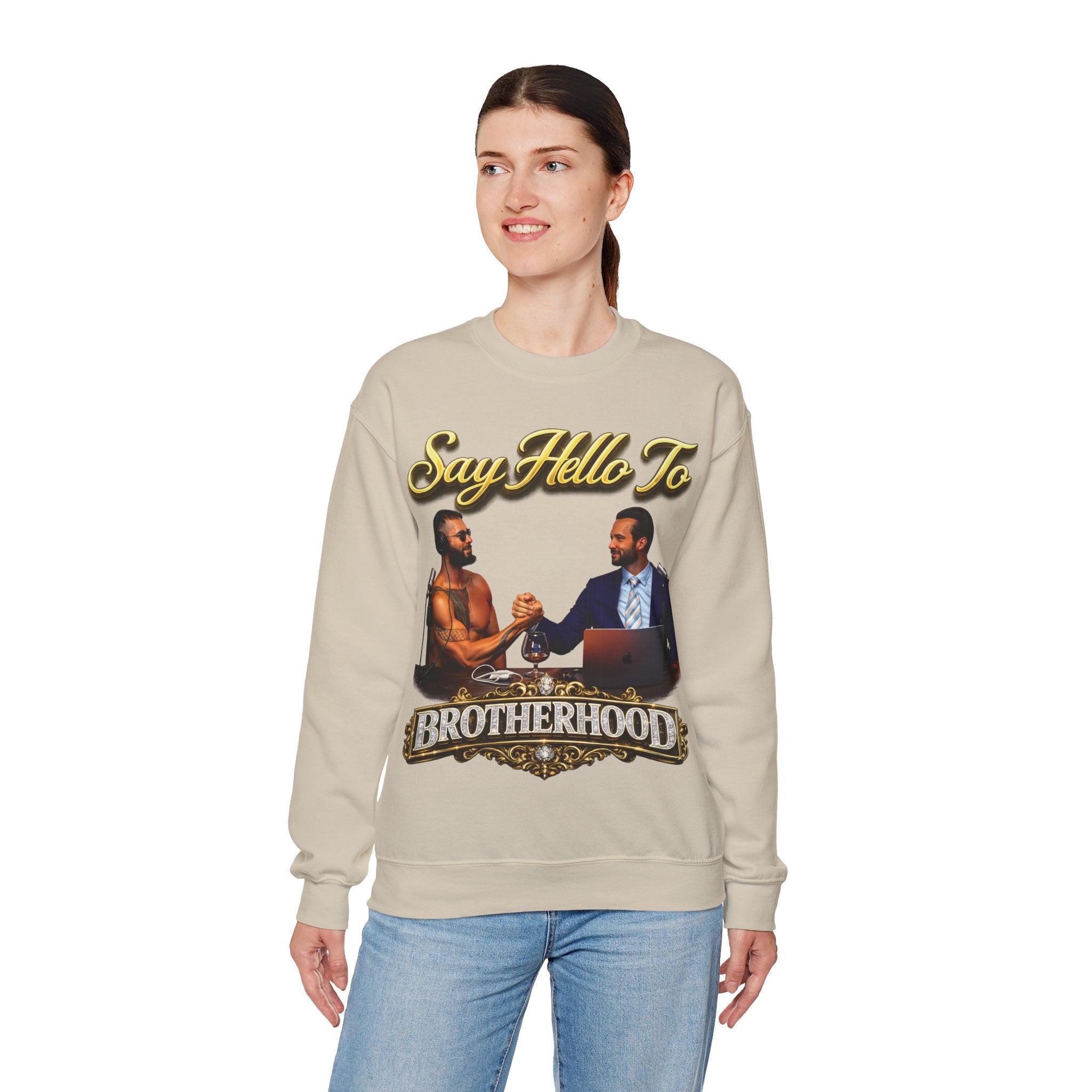 Crewneck Sweatshirt — 'Say Hello To Brotherhood' Graphic Pullover Printify
