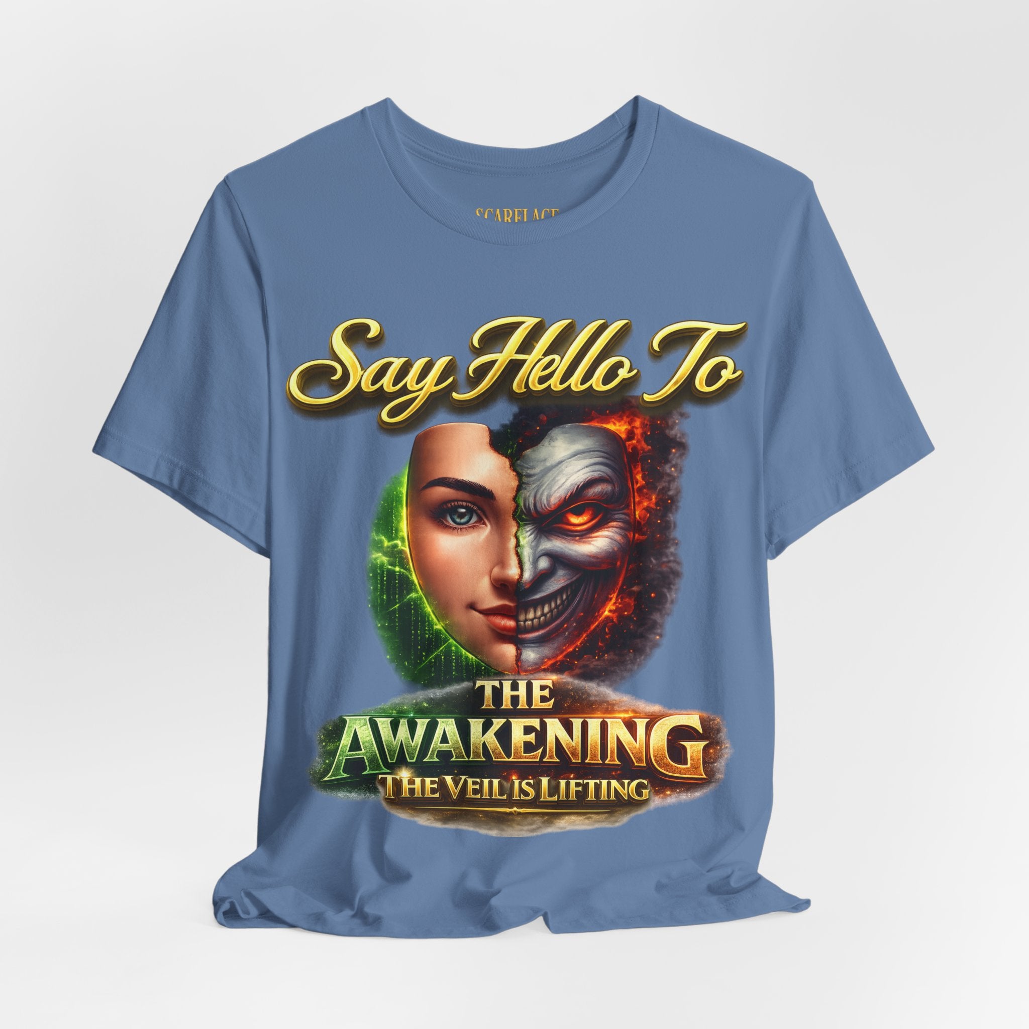 Horror Mask Split Face Tee — "Say Hello To Your Family and Friends" Graphic T-Shirt Printify