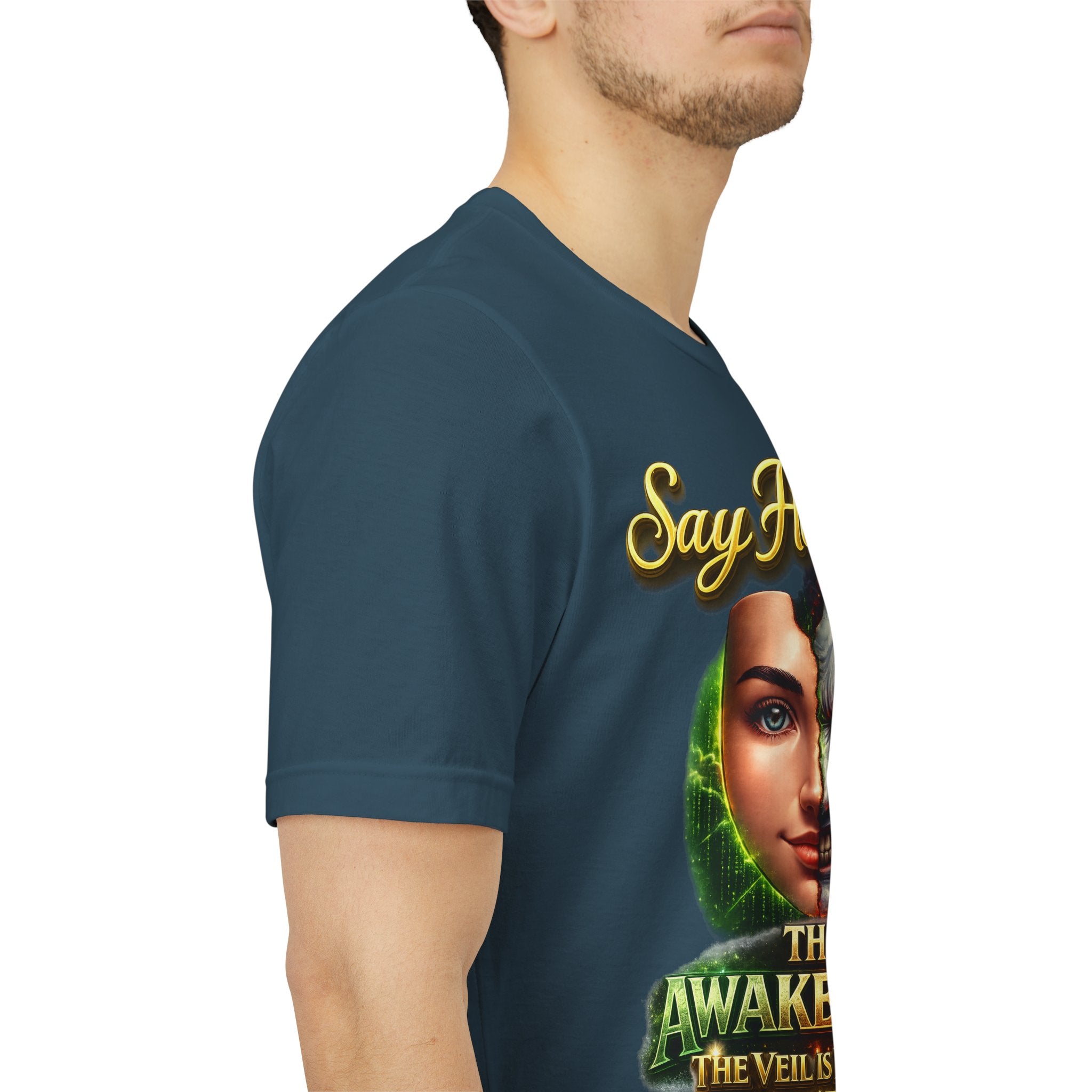 Horror Mask Split Face Tee — "Say Hello To Your Family and Friends" Graphic T-Shirt Printify