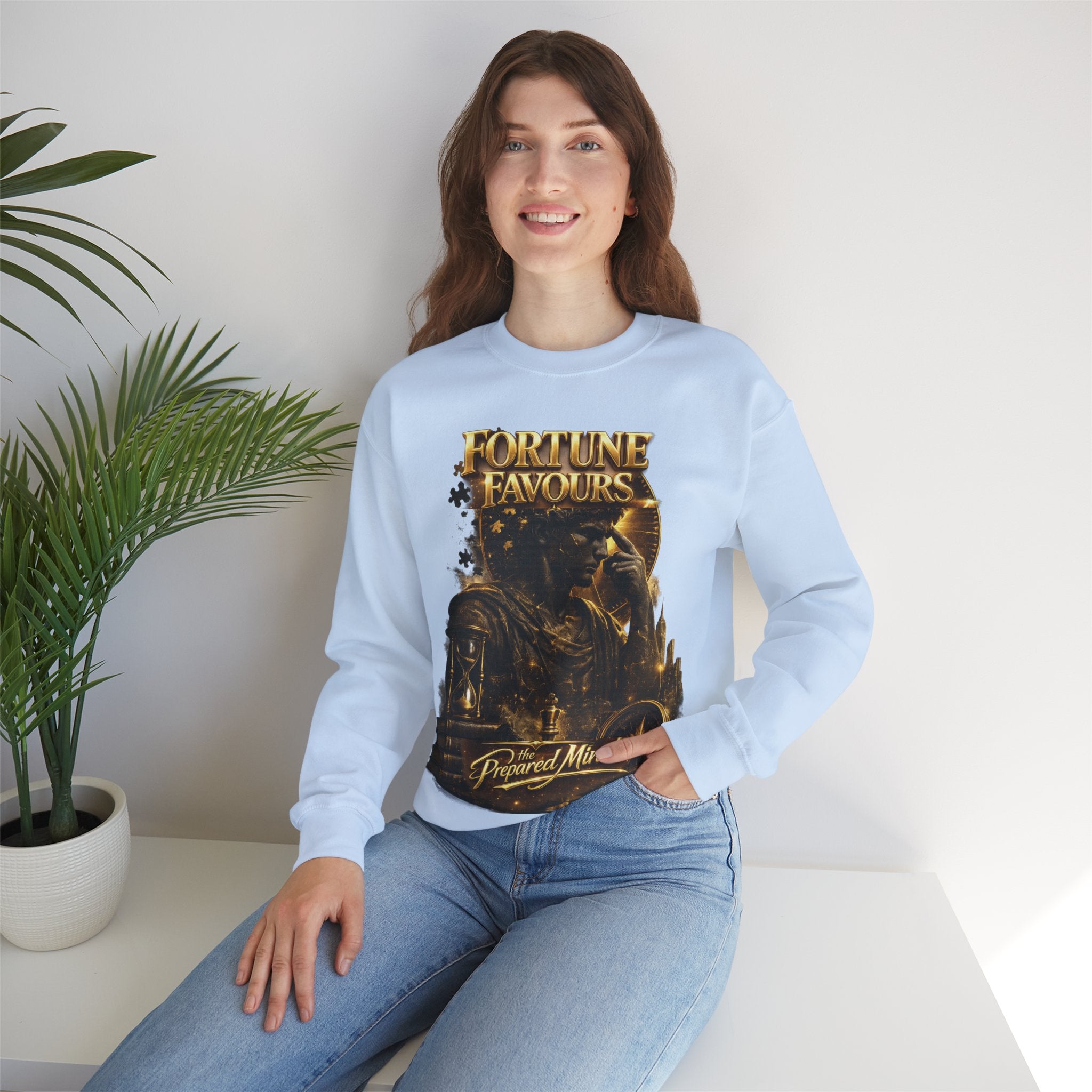 Crewneck Sweatshirt — "Fortune Favors the Prepared Mind" Motivational Design Printify