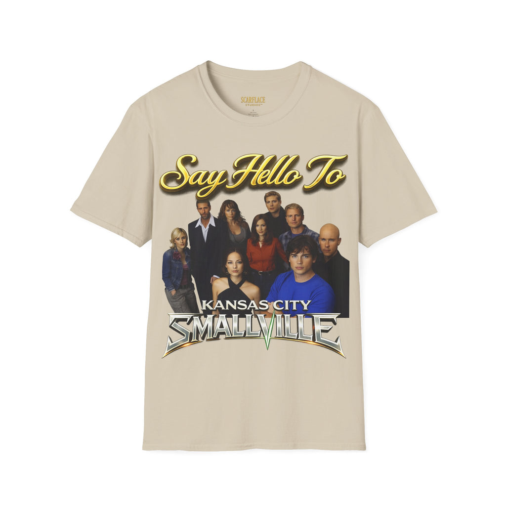 Smallville Cast T-Shirt – "Say Hello To" Kansas City Retro TV Logo Printify