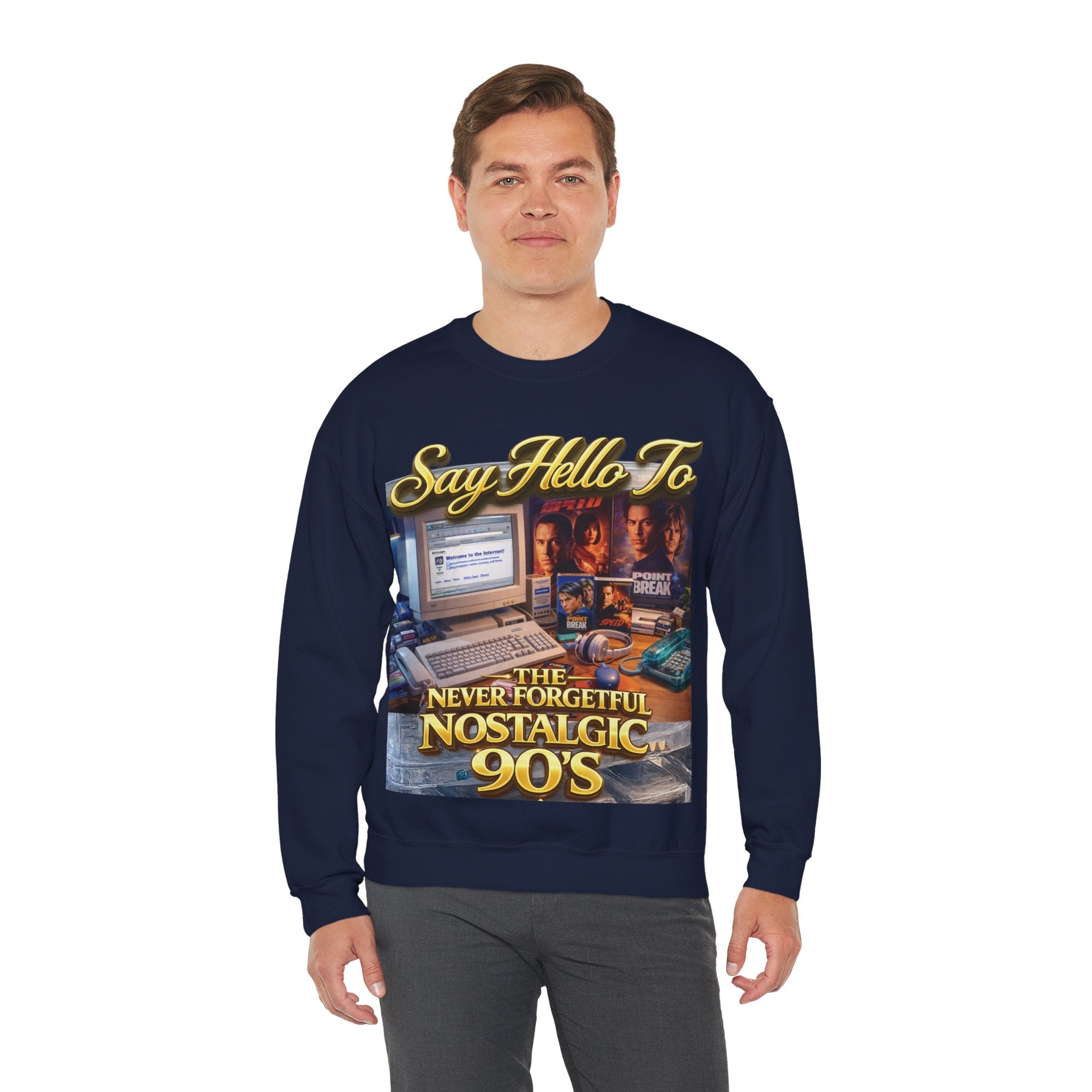 90s Nostalgia Crewneck Sweatshirt – "Say Hello To The Never Forgetful Nostalgic 90's" Printify