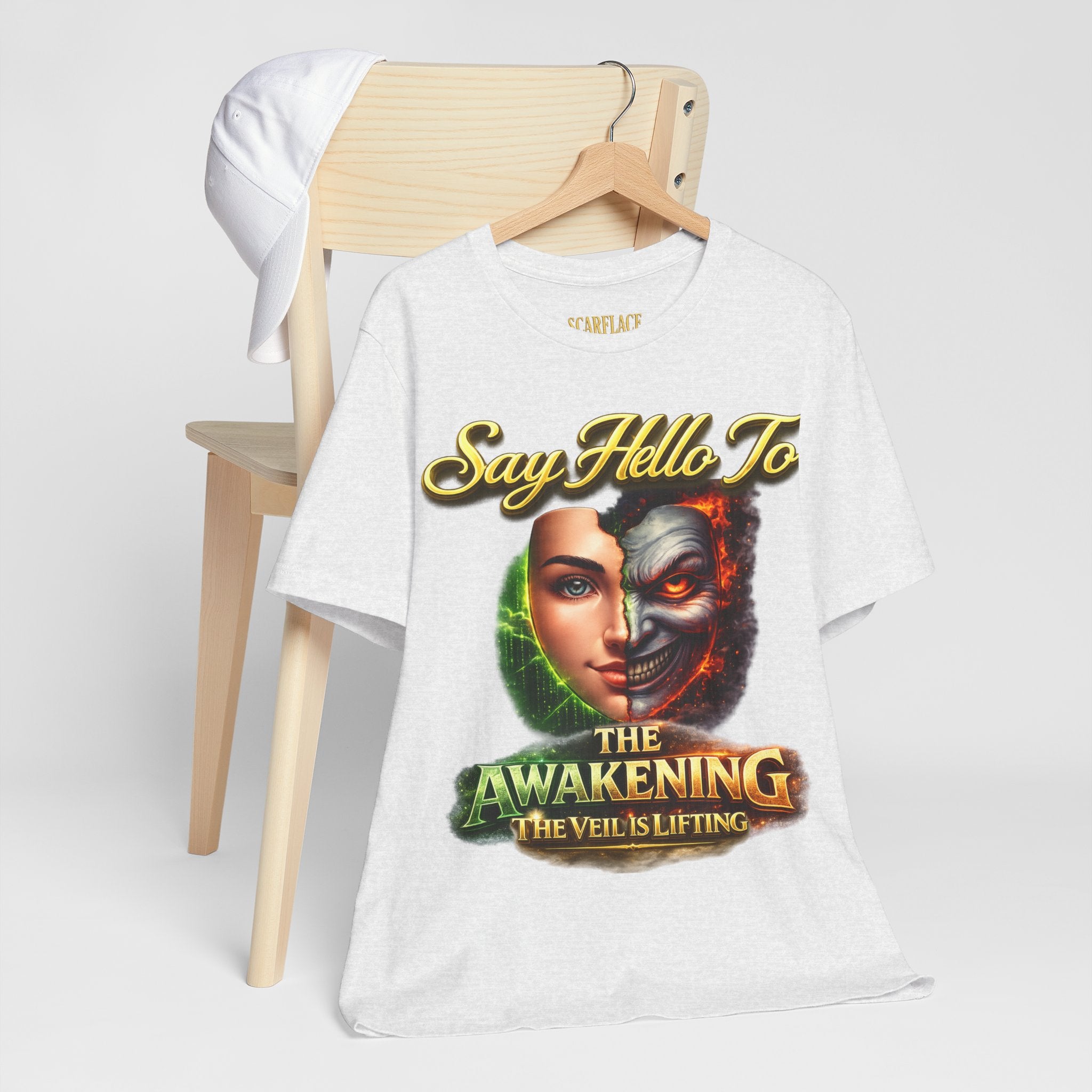 Horror Mask Split Face Tee — "Say Hello To Your Family and Friends" Graphic T-Shirt Printify