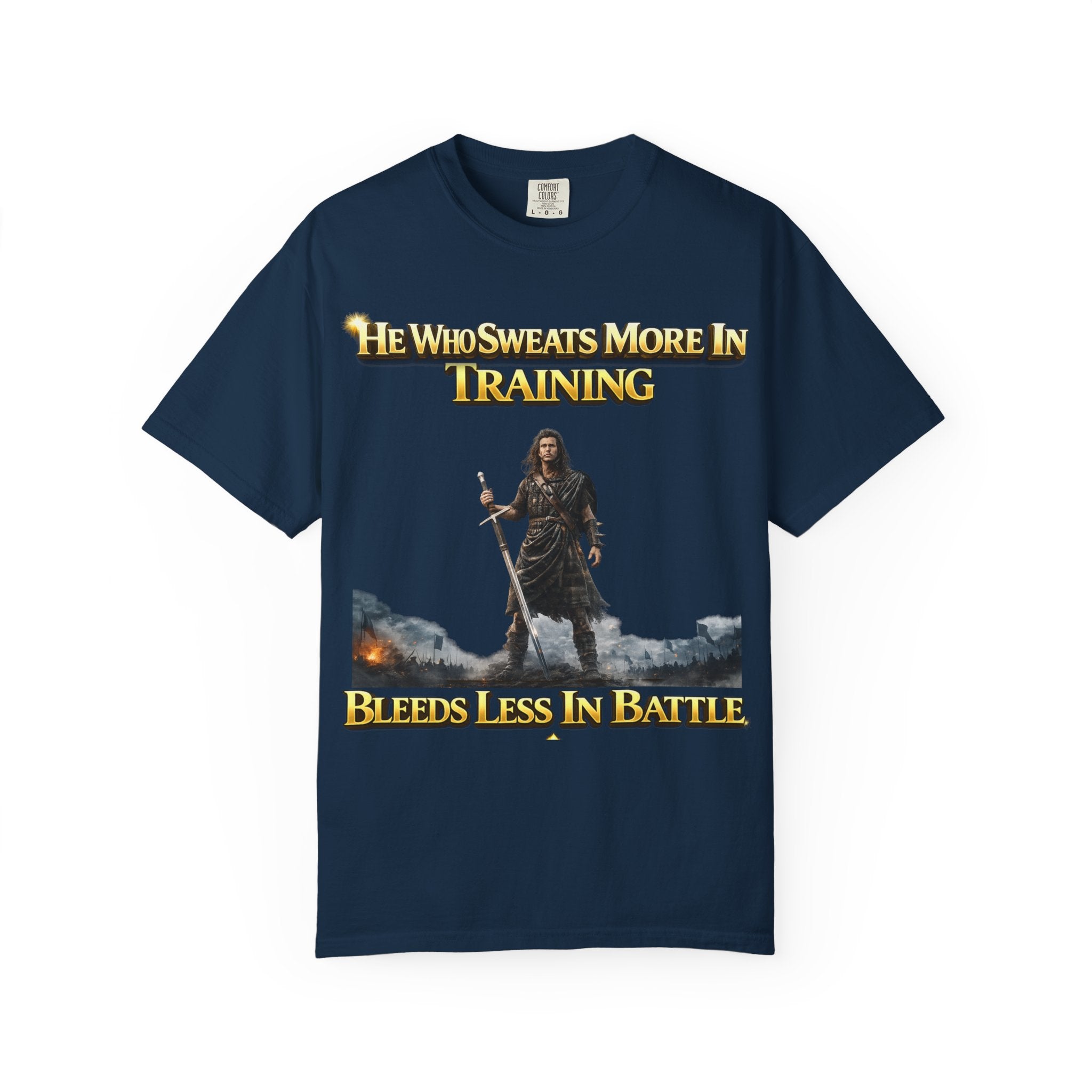 Training Warrior T-Shirt — "He Who Sweats More in Training Bleeds Less in Battle" Printify