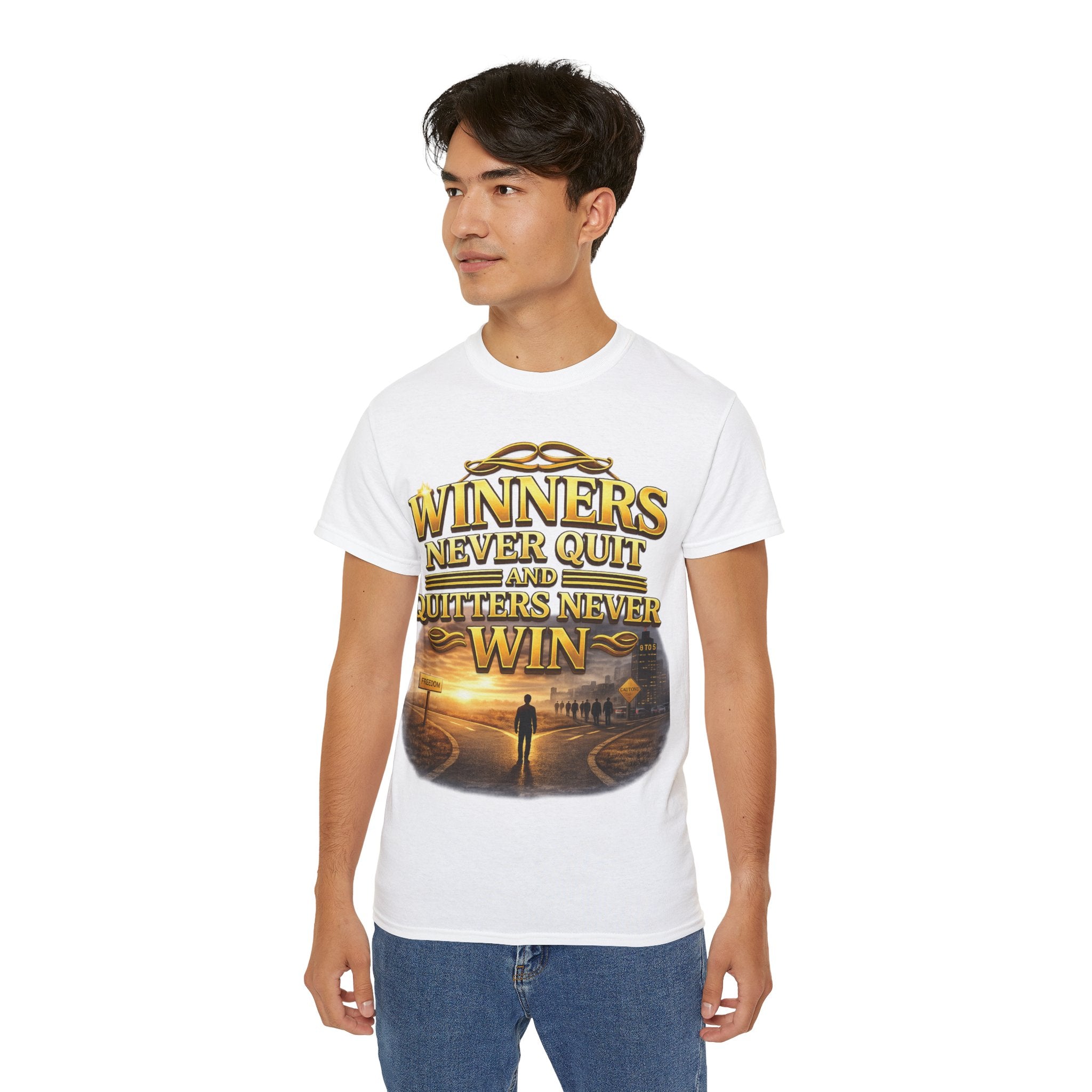Winners Never Quit Inspirational Tee — Motivational Quote Shirt Printify