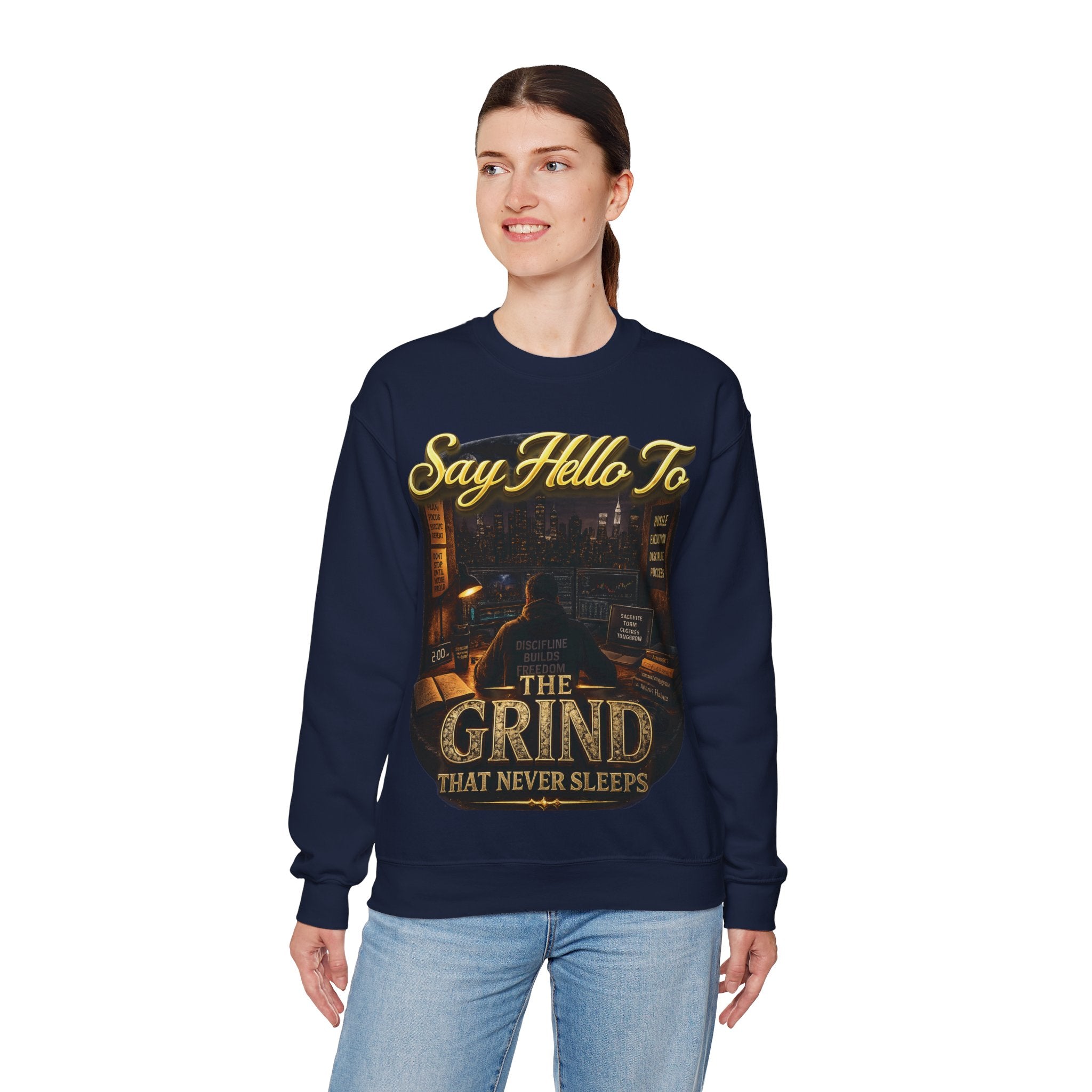 The Grind That Never Sleeps Crewneck Sweatshirt — Motivational Hustle Sweatshirt Printify