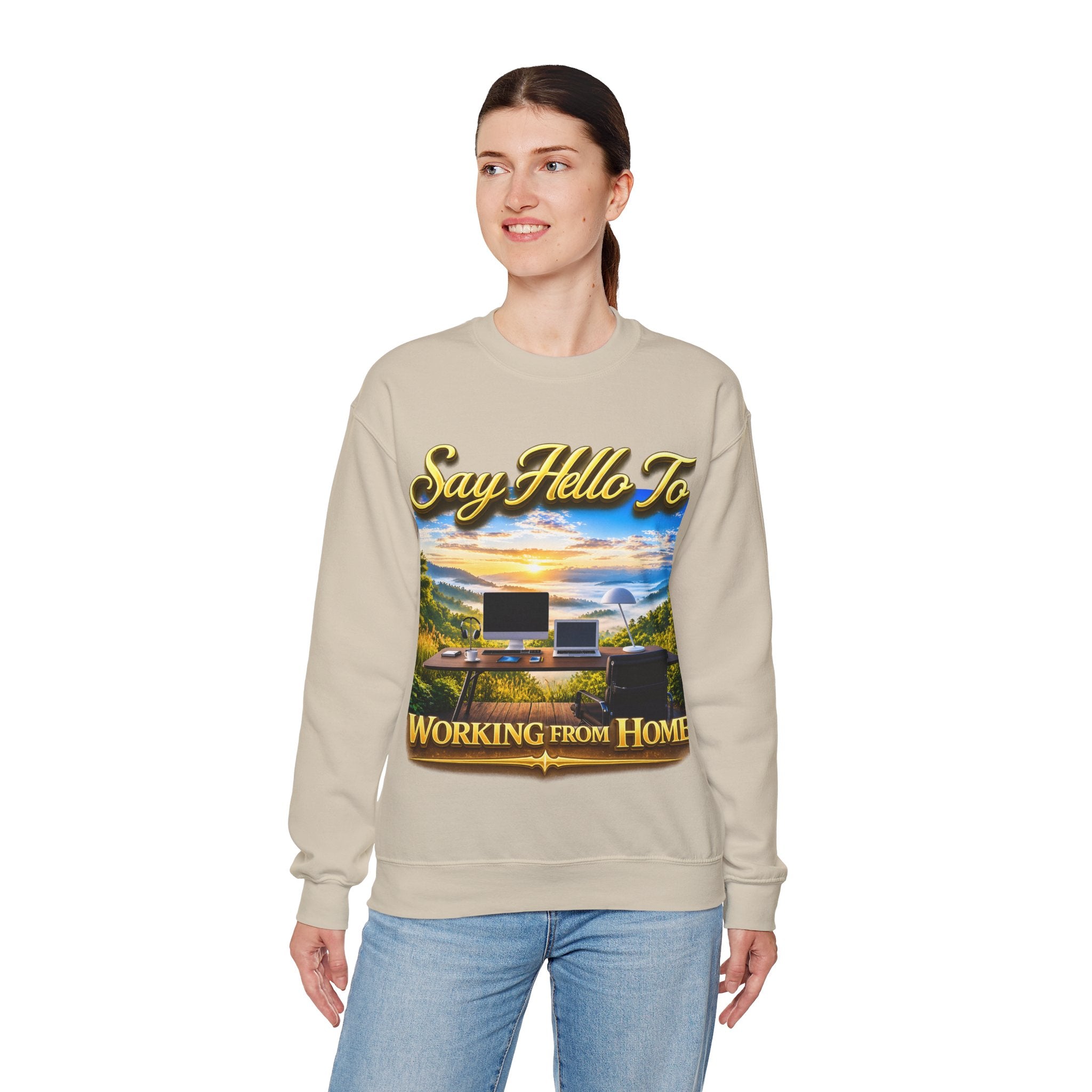 Working From Home Sweatshirt – "Say Hello To" Scenic Home Office Crewneck Printify